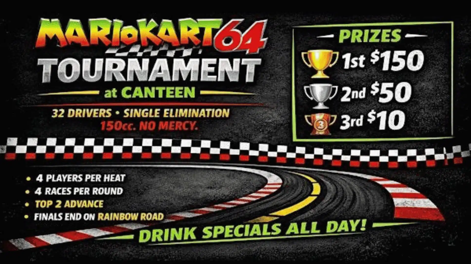 Mario Kart tournament poster showing prize pool, rules, and single-elimination format.