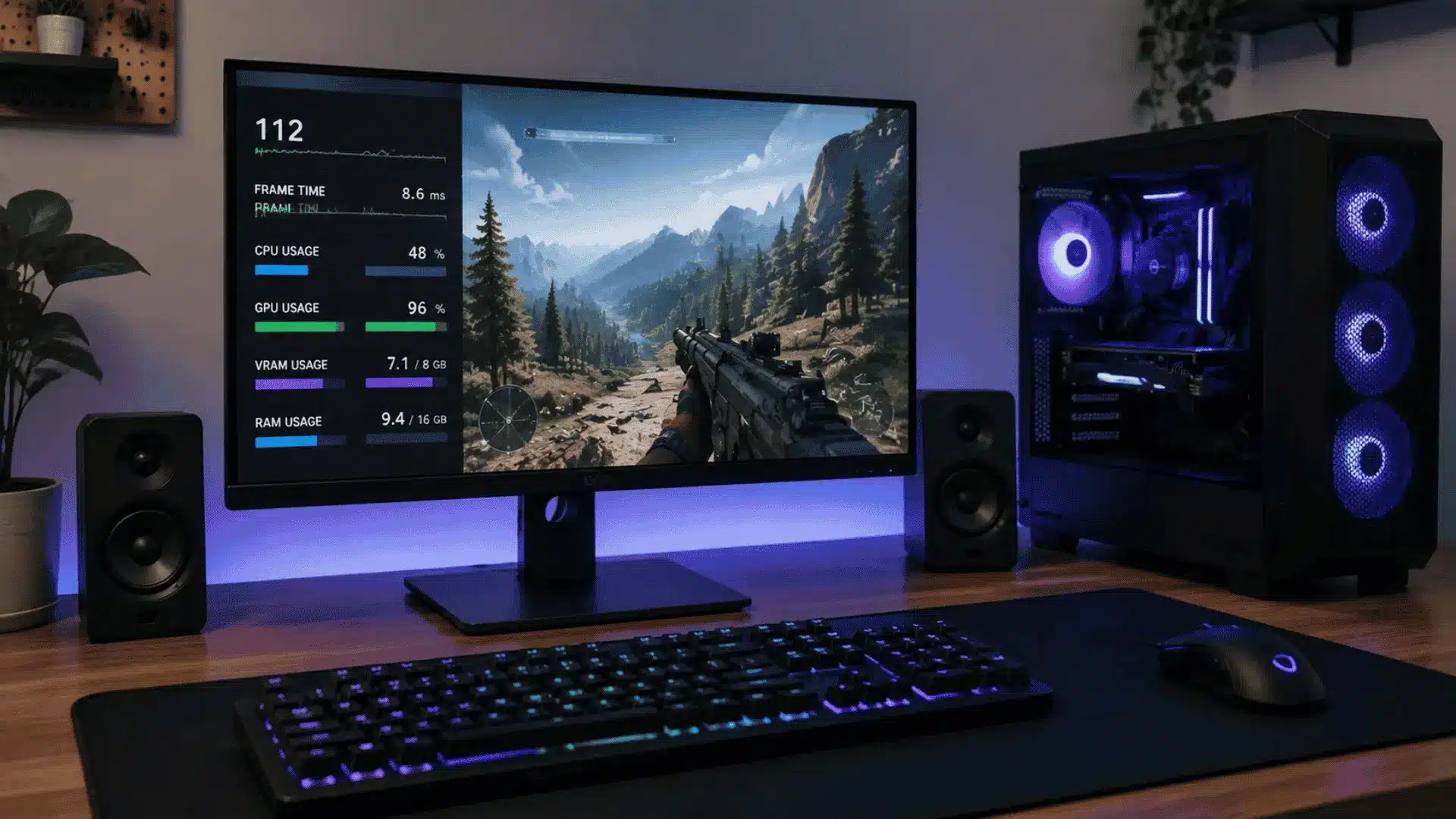 Gaming PC setup with performance monitoring overlay showing FPS and hardware usage