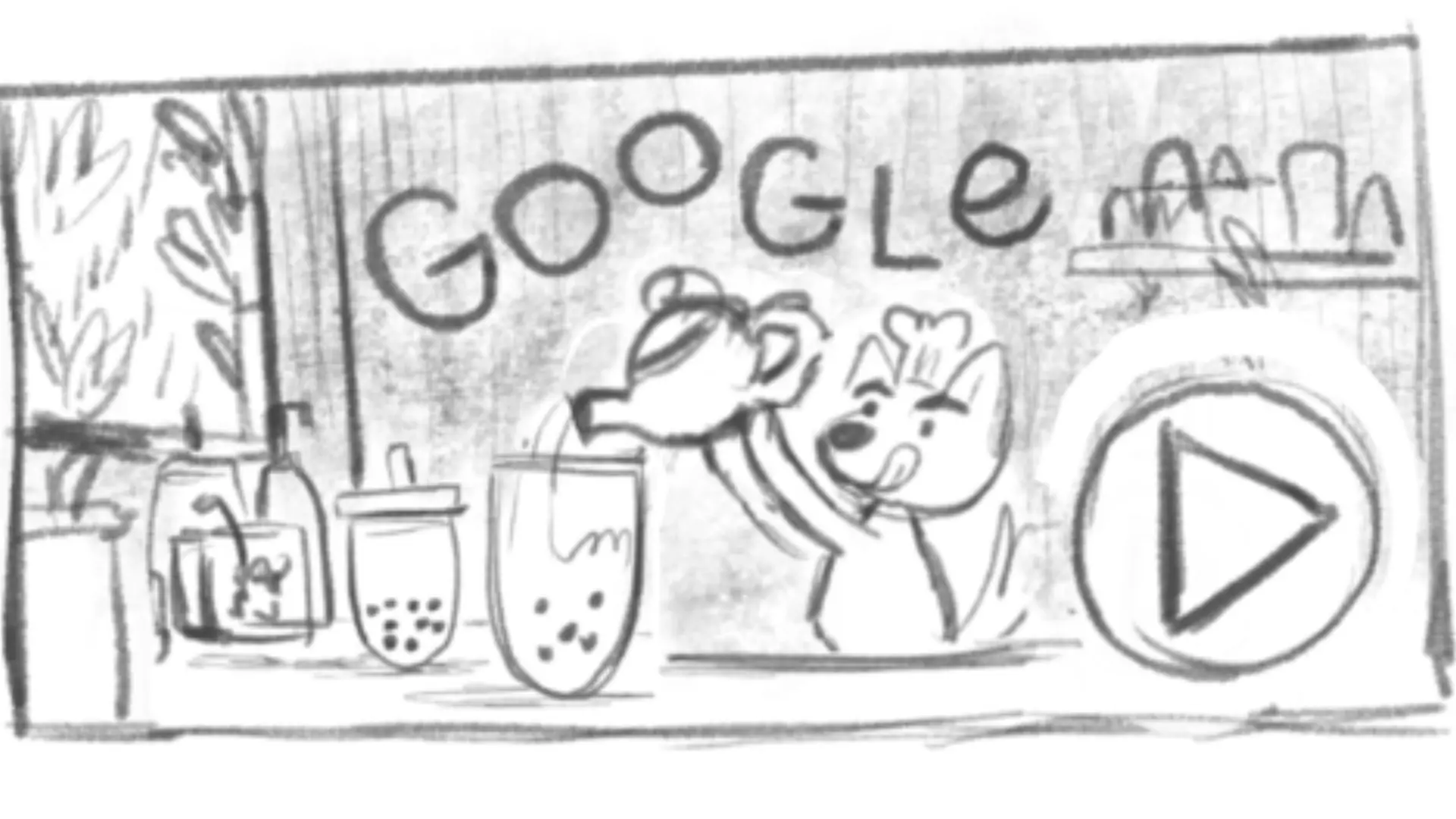 Cartoon dog chef pours boba into cup with ingredients on counter, showing step-by-step gameplay mechanics