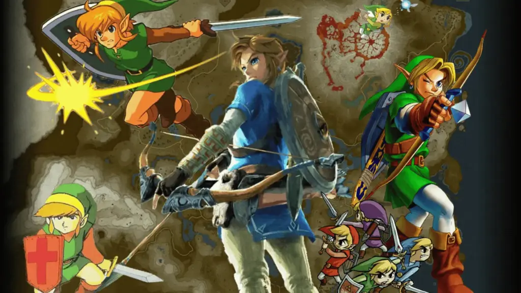 Multiple versions of Link from The Legend of Zelda series in dynamic action collage artwork