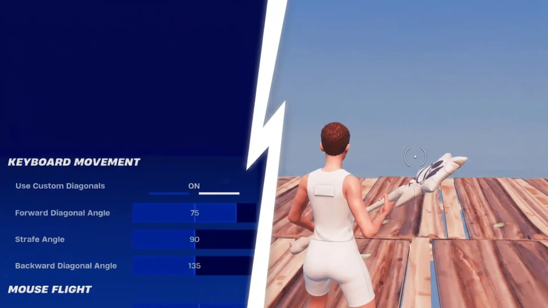 Fortnite movement settings screen showing custom diagonal controls and gameplay movement adjustments.