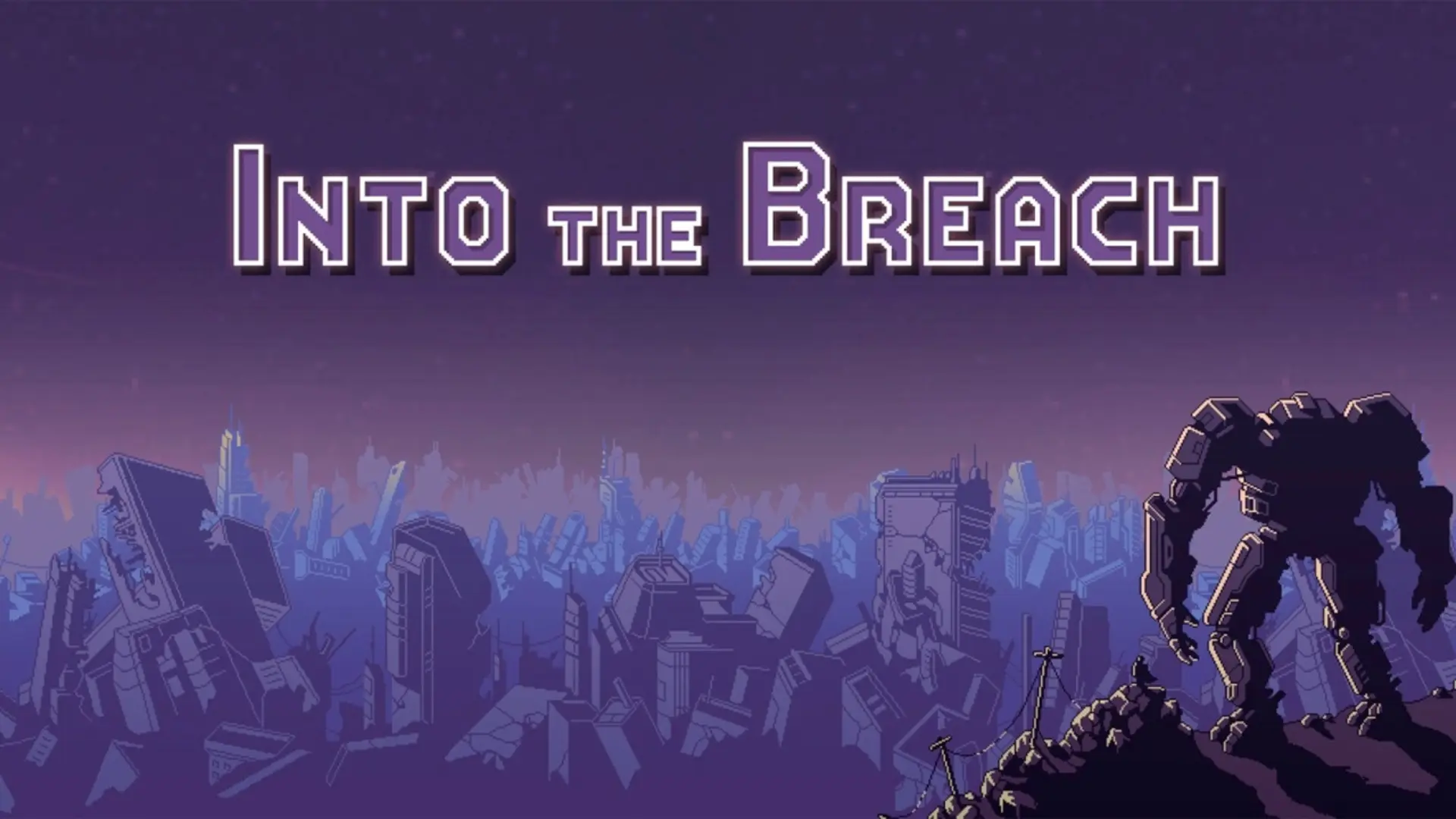 Into the Breach game artwork showing a ruined city skyline and a giant mech silhouette