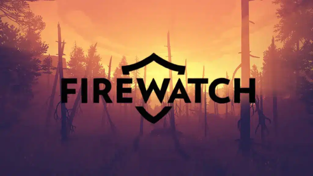 The Firewatch video game logo over a stylized, warm-toned forest landscape at sunset.
