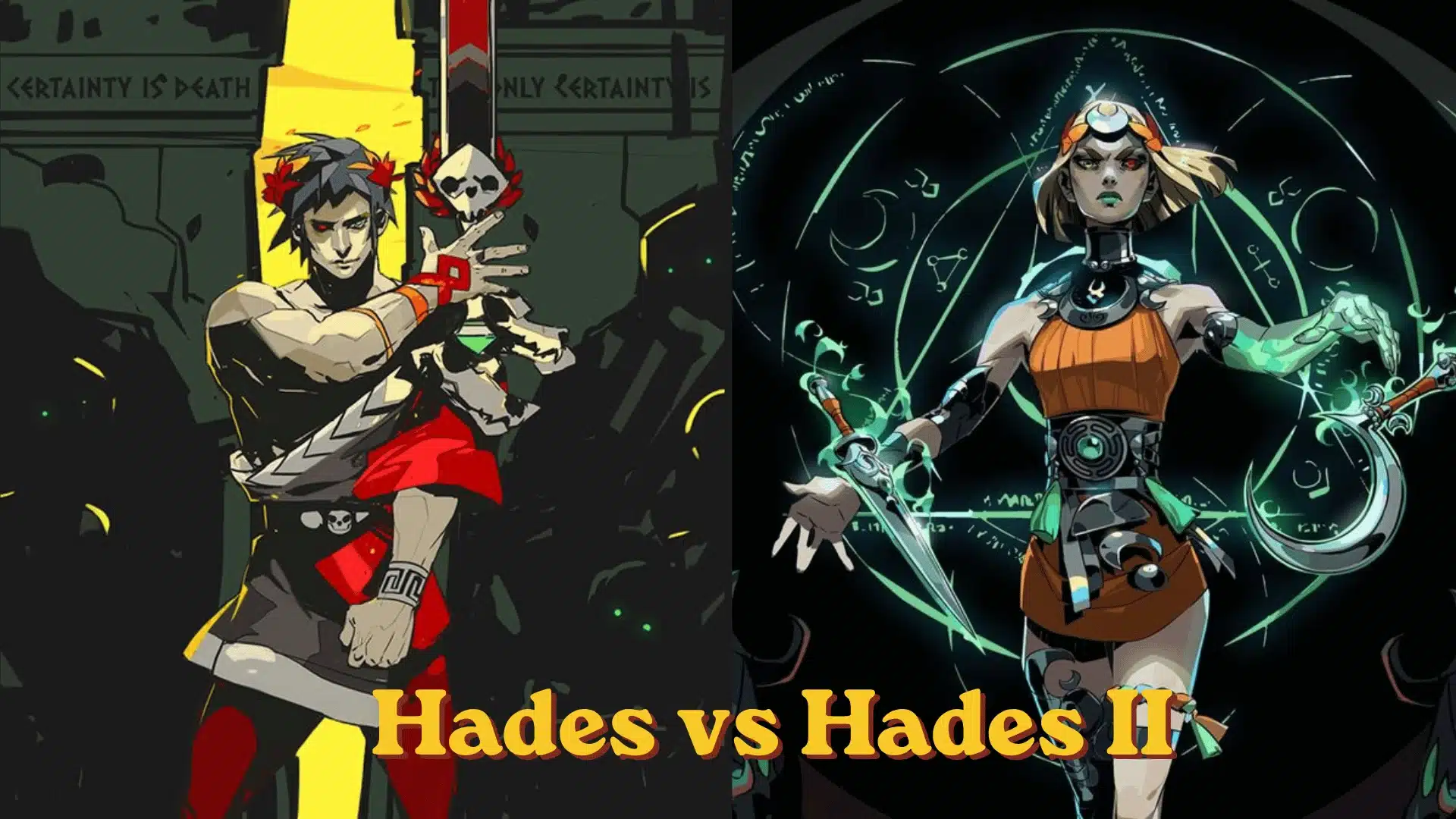 Hades vs Hades II artwork featuring Zagreus and Melinoe side by side.