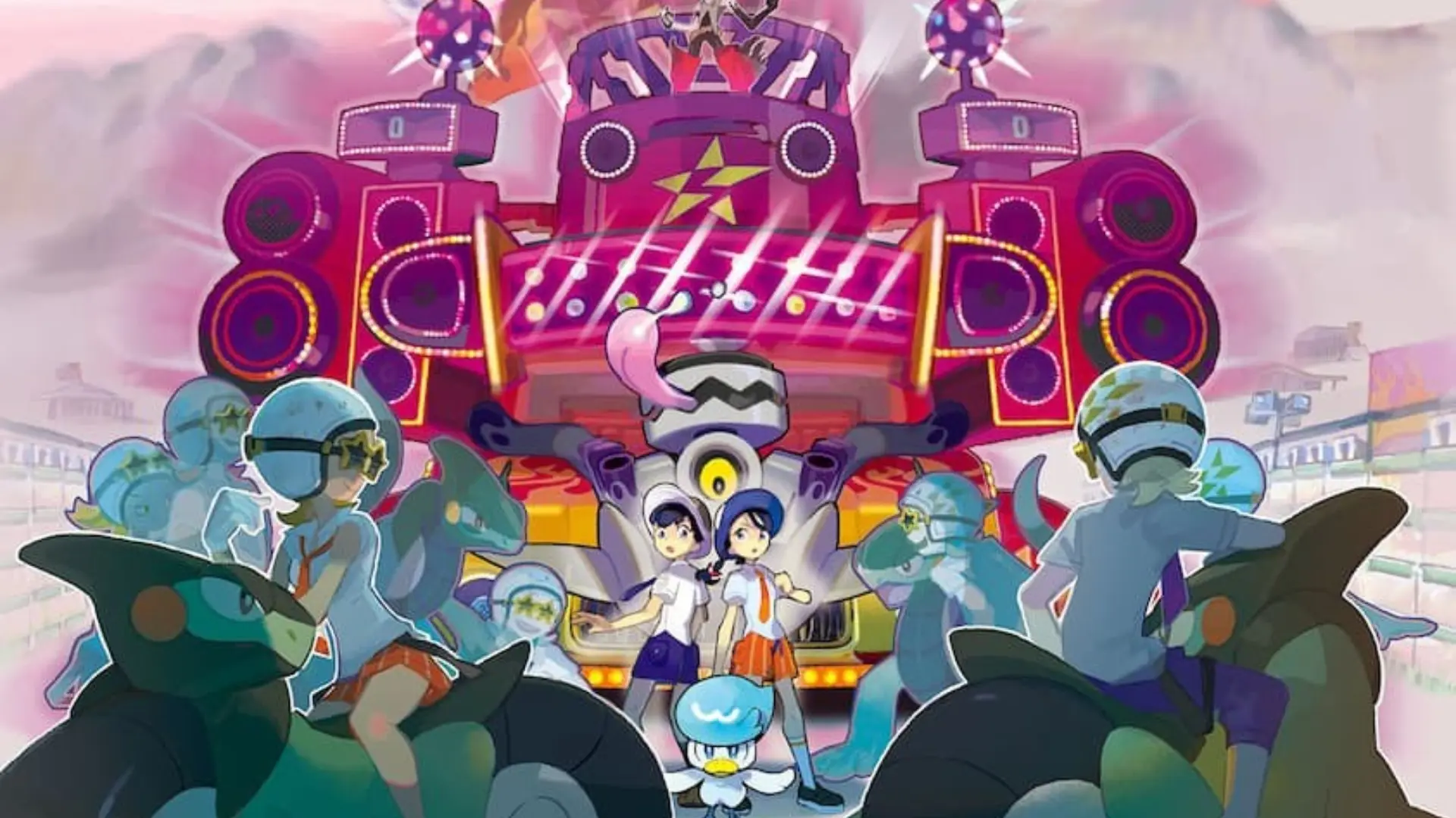 Group of students in blue helmets with Pokémon, two kids at center, large purple stage with speakers and lights in background