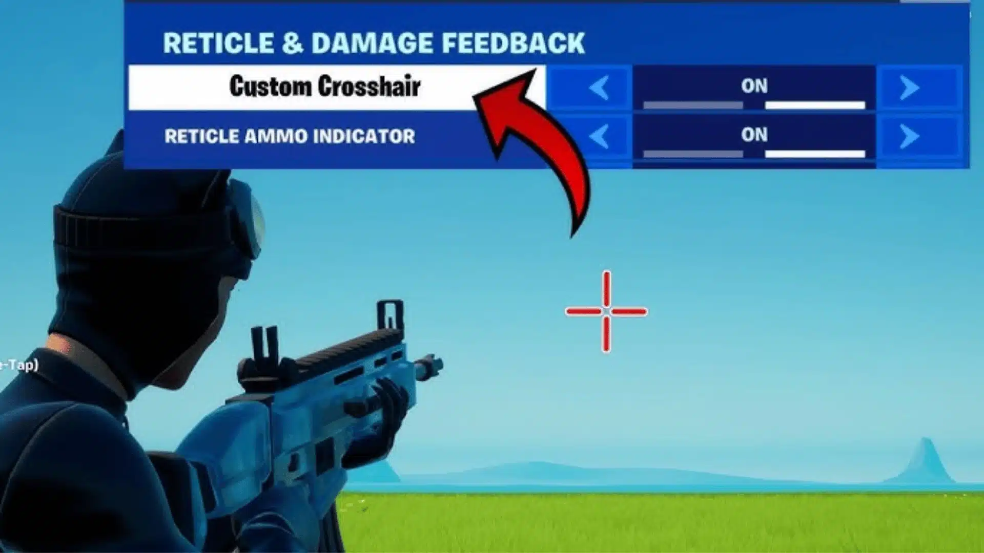 Fortnite crosshair settings menu showing custom reticle and damage feedback options.