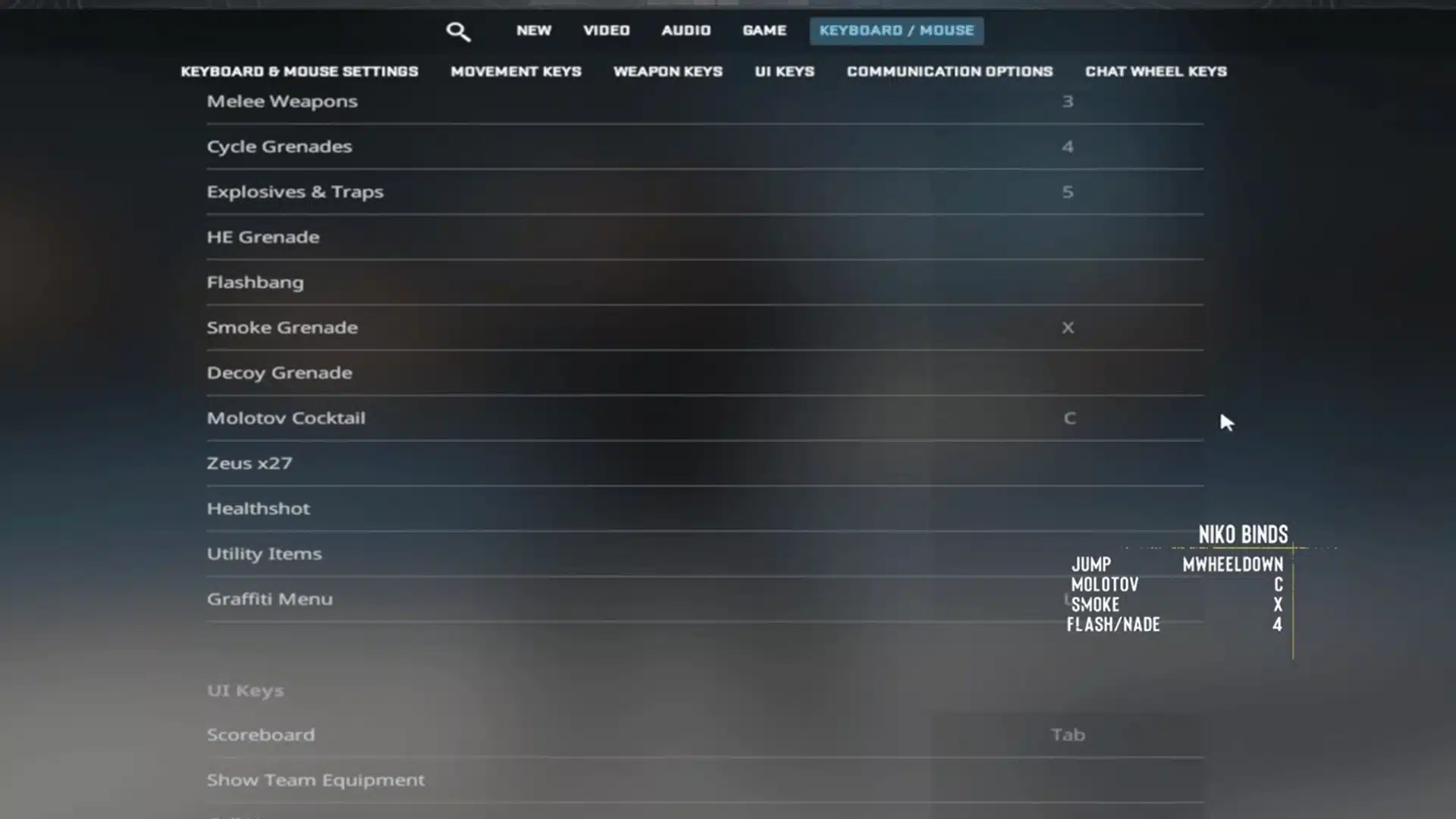 CS2 keybind settings menu showing Niko binds configuration