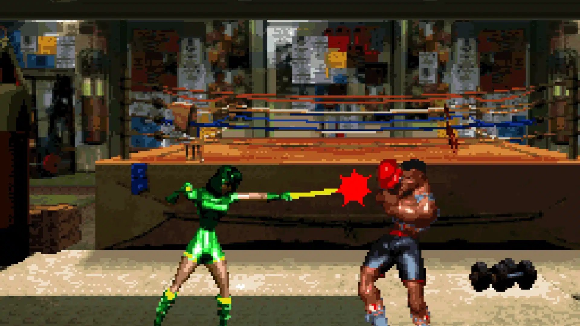 Killer Instinct SNES fight scene with green fighter landing punch in gym