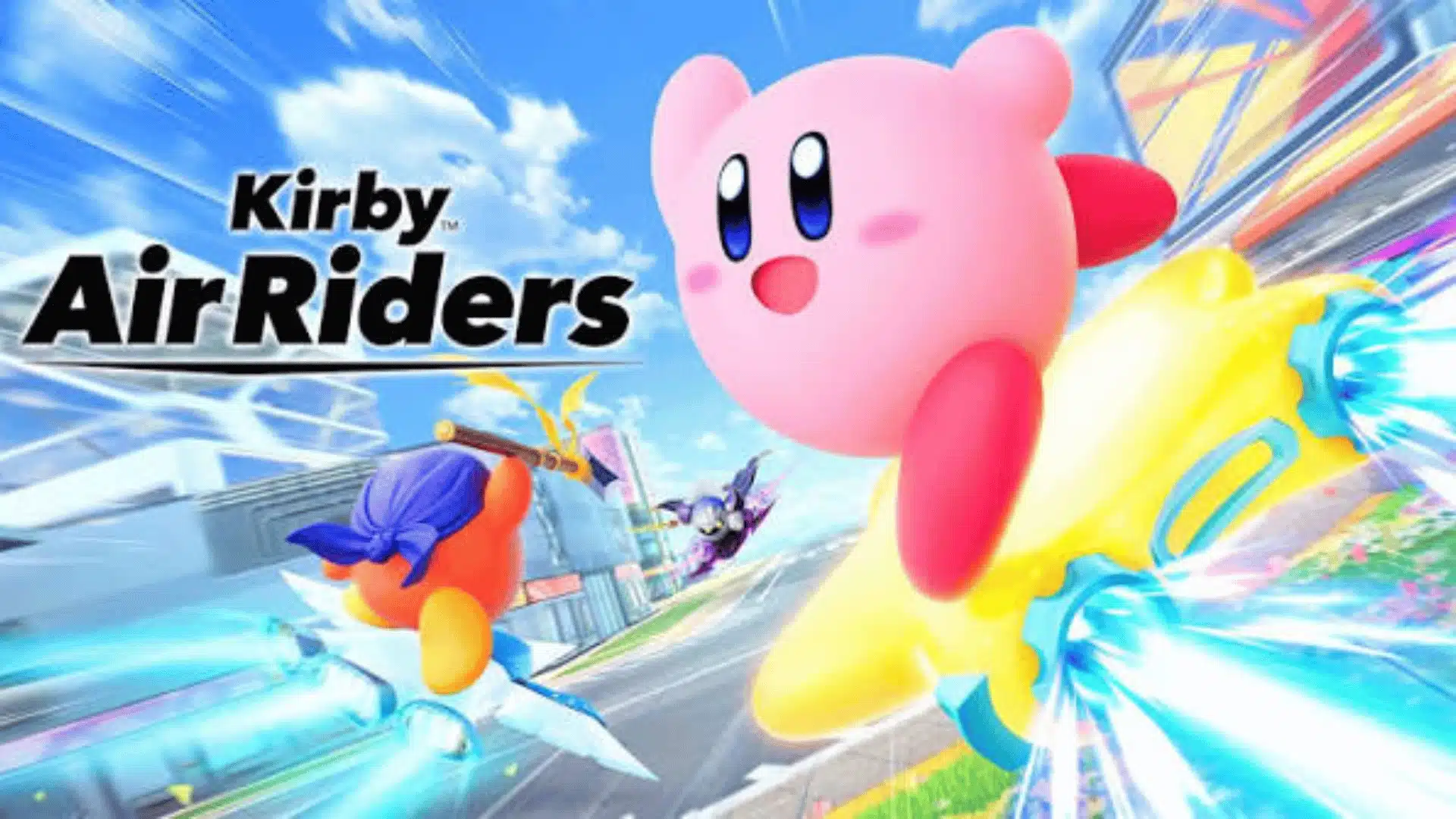 Kirby Air Riders artwork featuring Kirby racing on a Warp Star with other riders speeding along a futuristic track