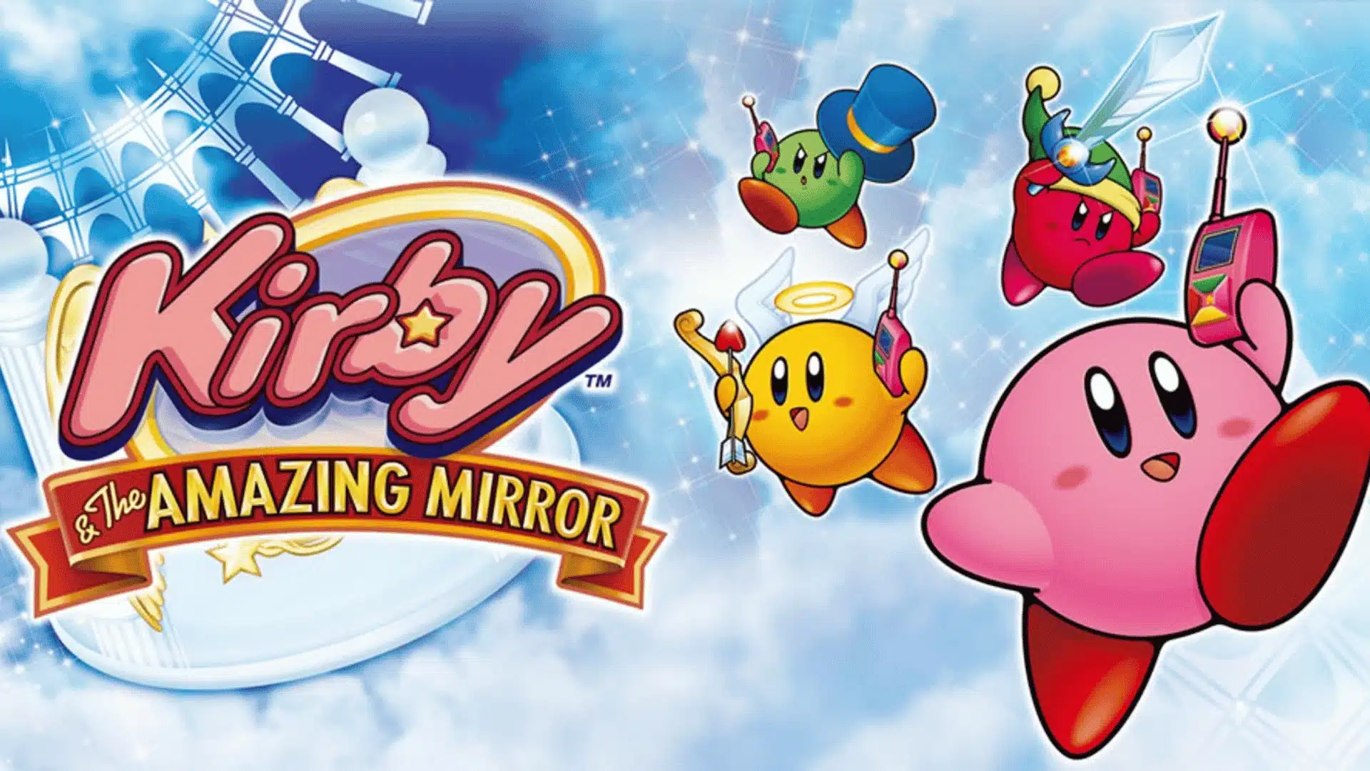 Pink Kirby floats among three colorful Kirby companions in a cloudy sky beside the Kirby & The Amazing Mirror logo.