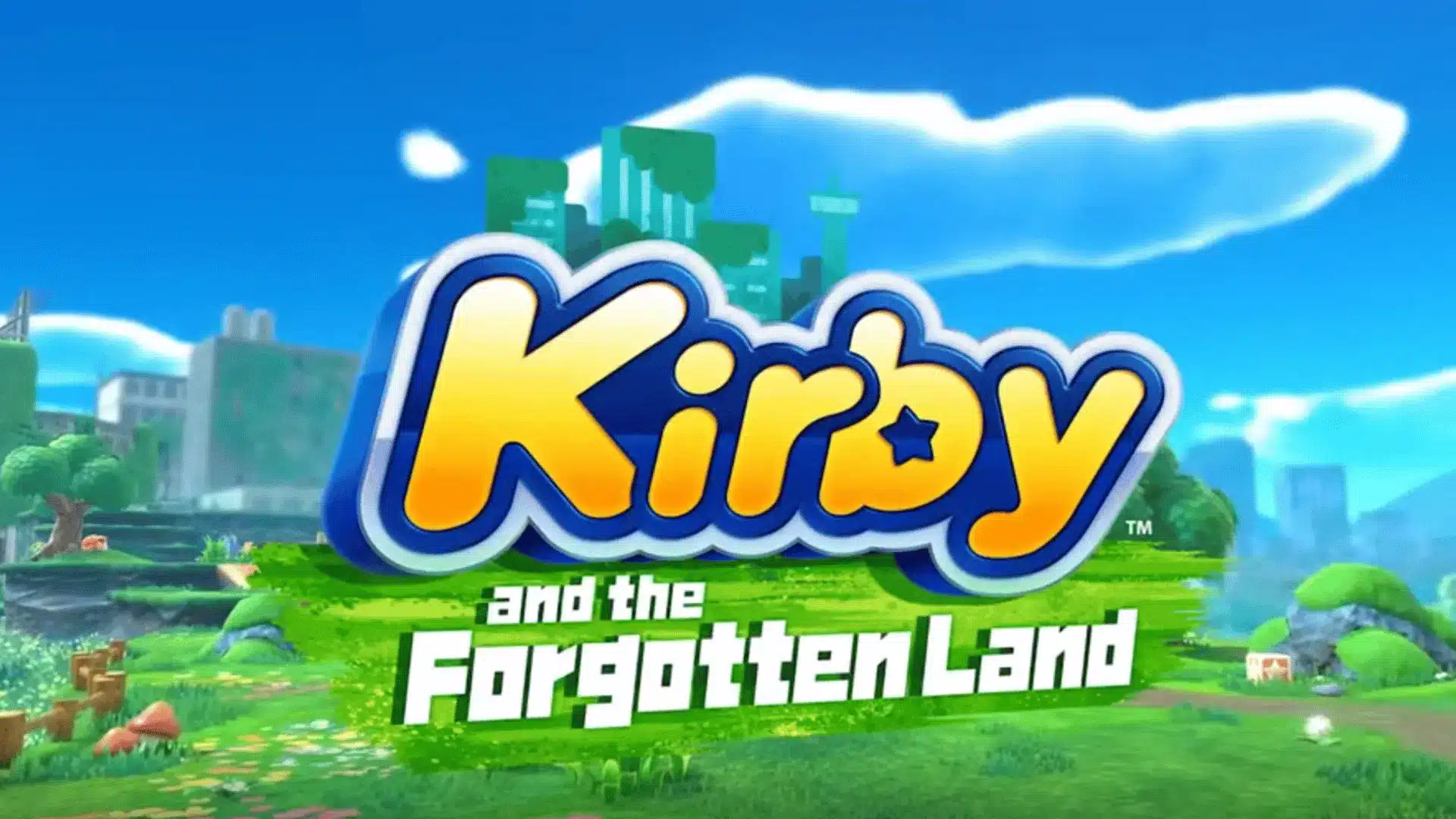 Kirby and the Forgotten Land game artwork showing Kirby logo over a bright green landscape with a blue sky.