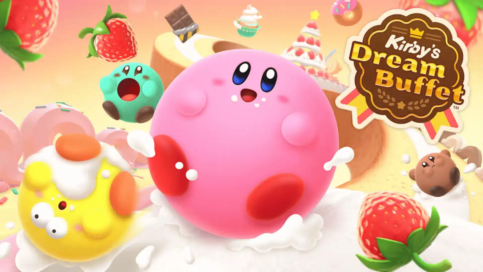 Kirby’s Dream Buffet artwork showing Kirby racing through a dessert-themed course with colorful food and characters.