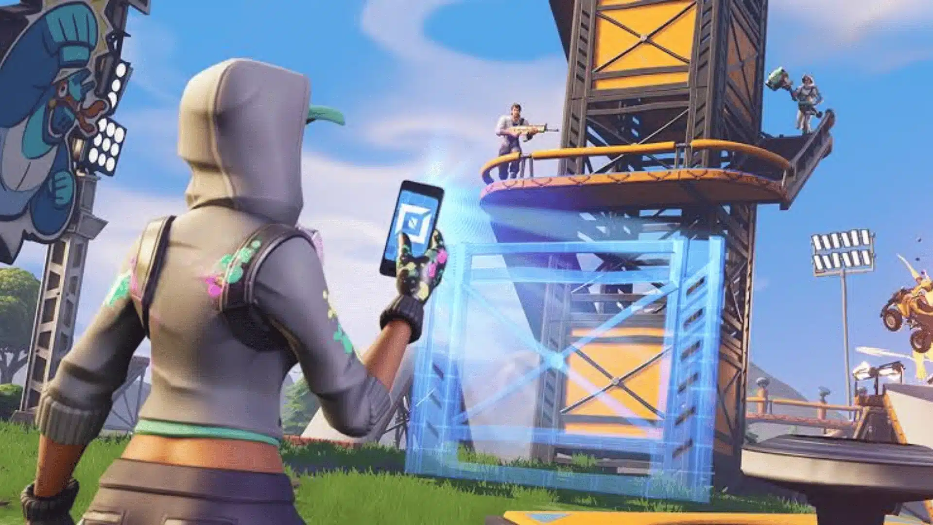 Fortnite player building structures during a battle royale match with opponents nearby.