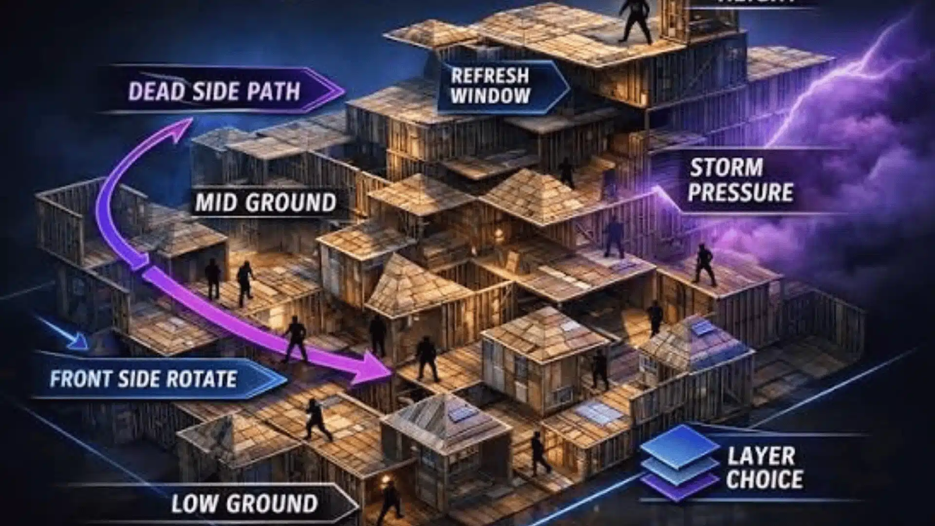Fortnite endgame strategy diagram showing rotations, high ground, low ground, and storm positioning.