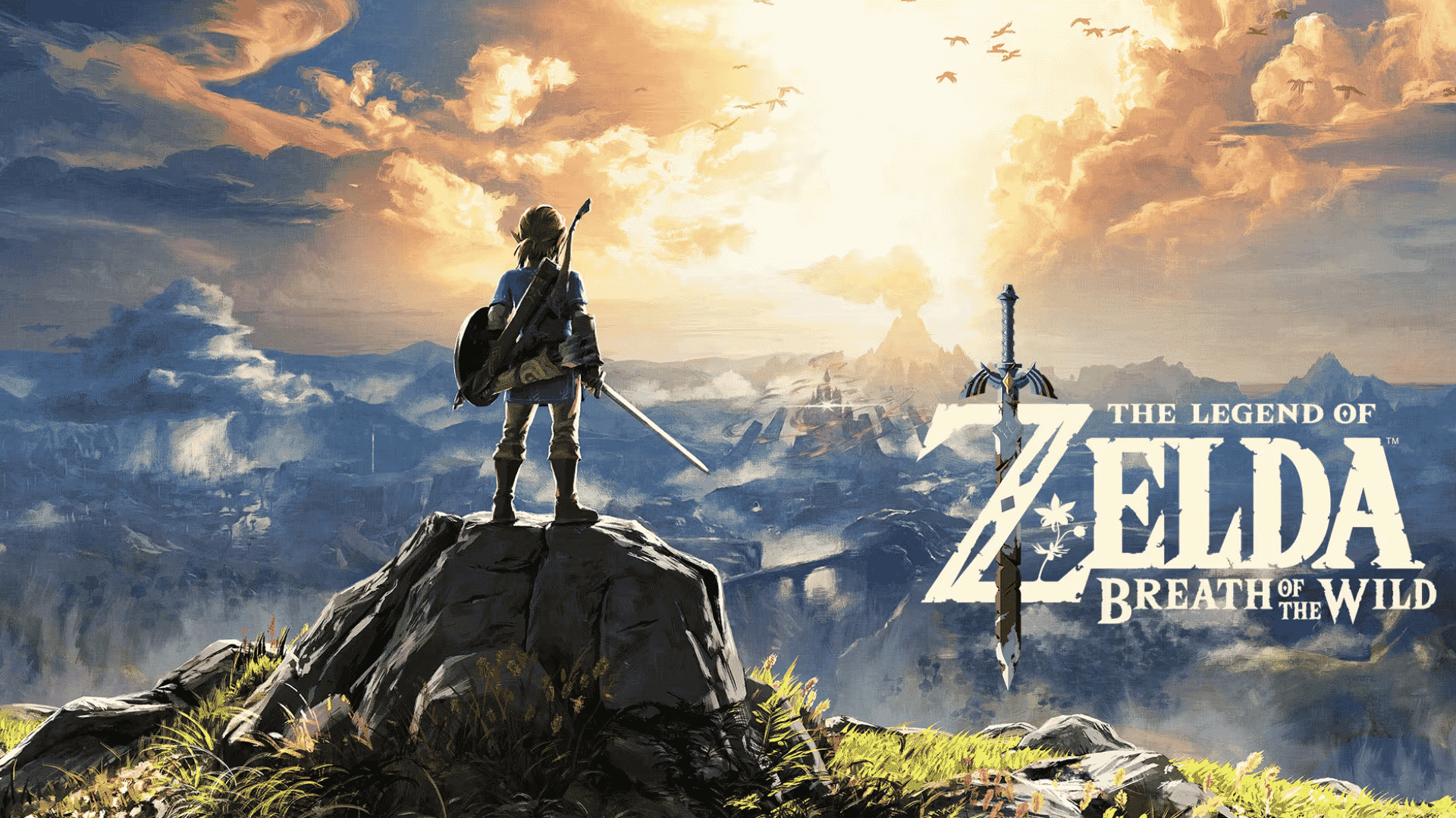 Link stands on a cliff looking at Hyrule in The Legend of Zelda: Breath of the Wild key art.