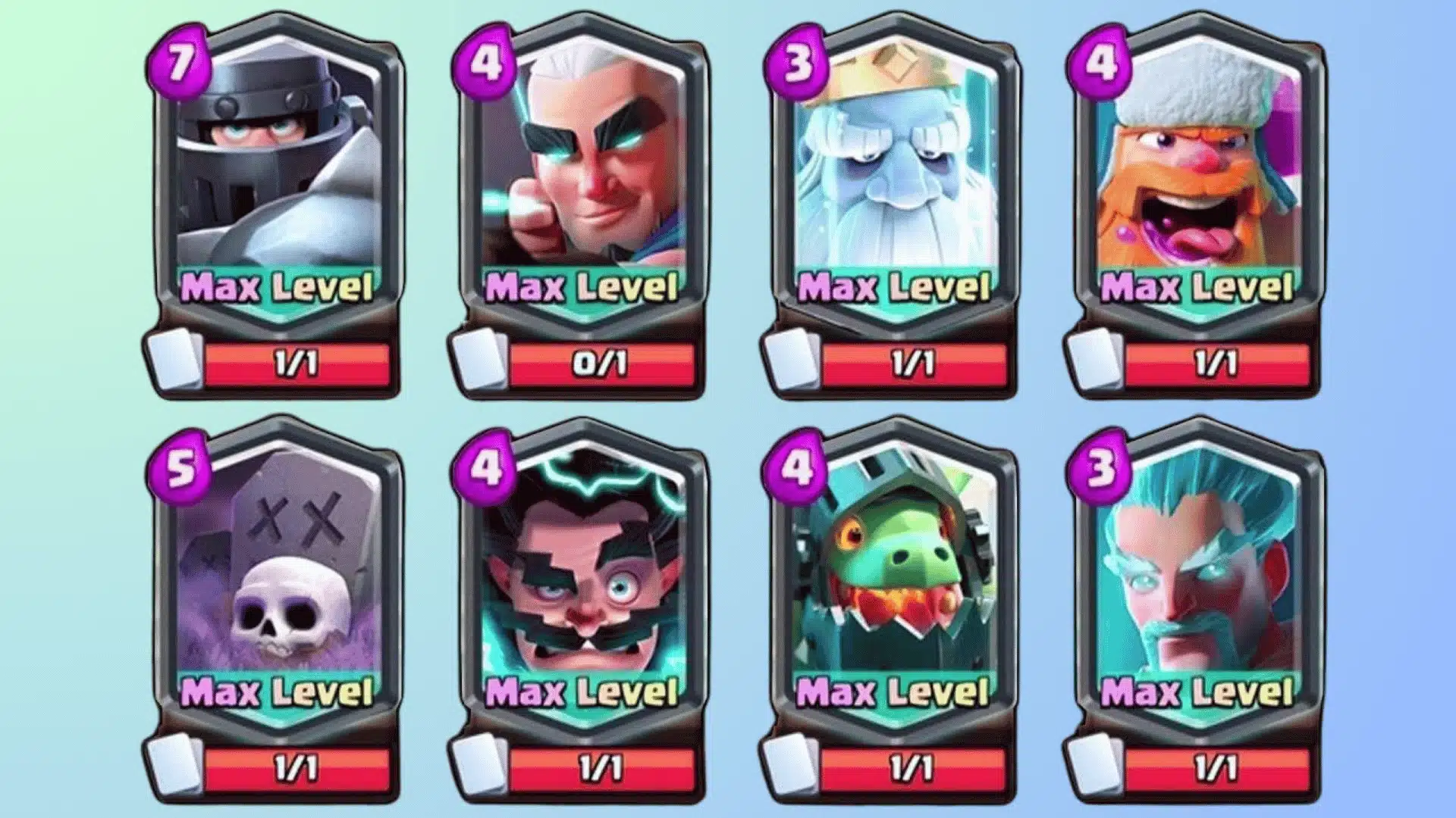 Clash Royale legendary cards featuring Mega Knight, Magic Archer, Royal Ghost, and Ice Wizard.