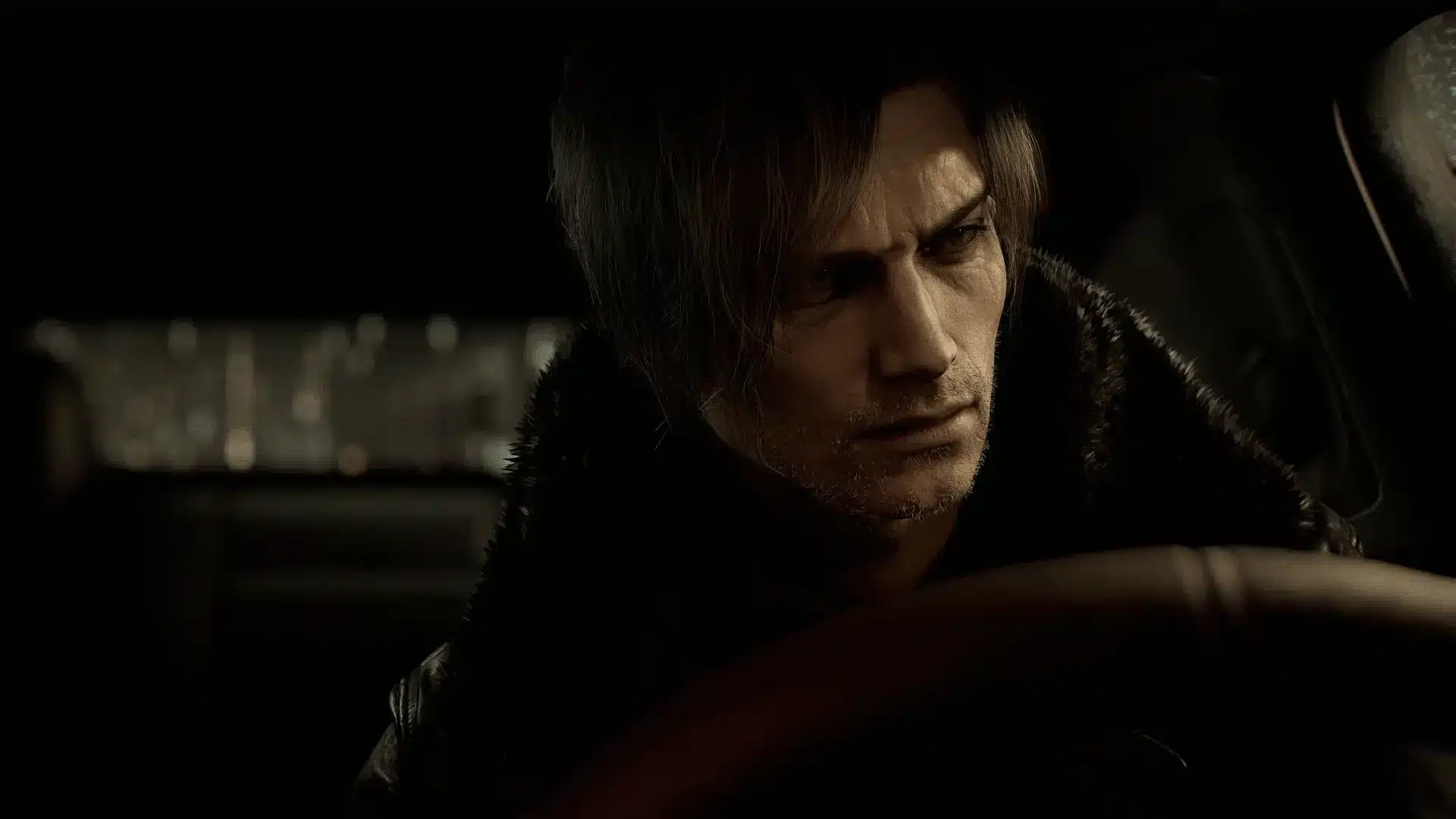 Leon S. Kennedy stares intensely in a dark car, his fur-lined jacket emphasizing action-focused horror mechanics.