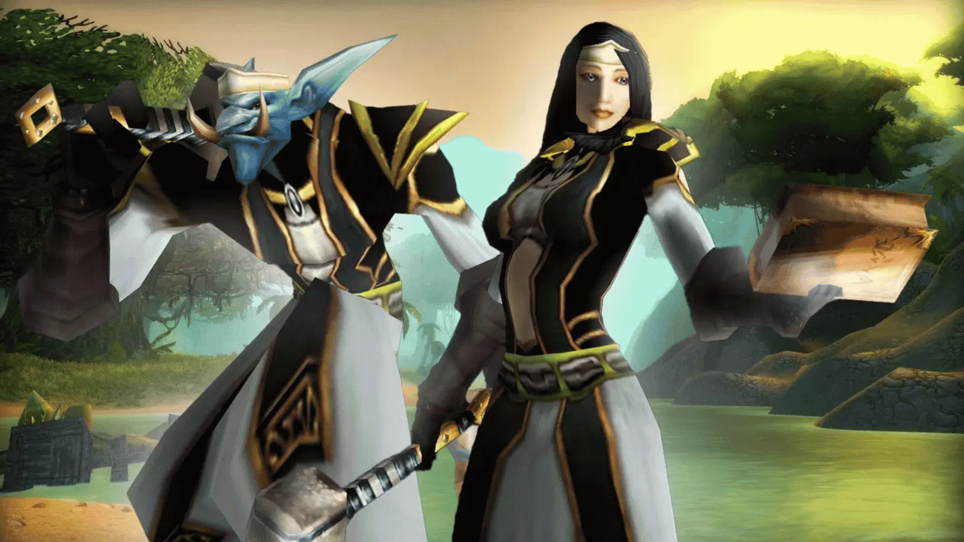 Two WoW Classic characters side by side, a Troll warrior and a Human Priest in black robes holding a tome, representing solo and dungeon leveling.
