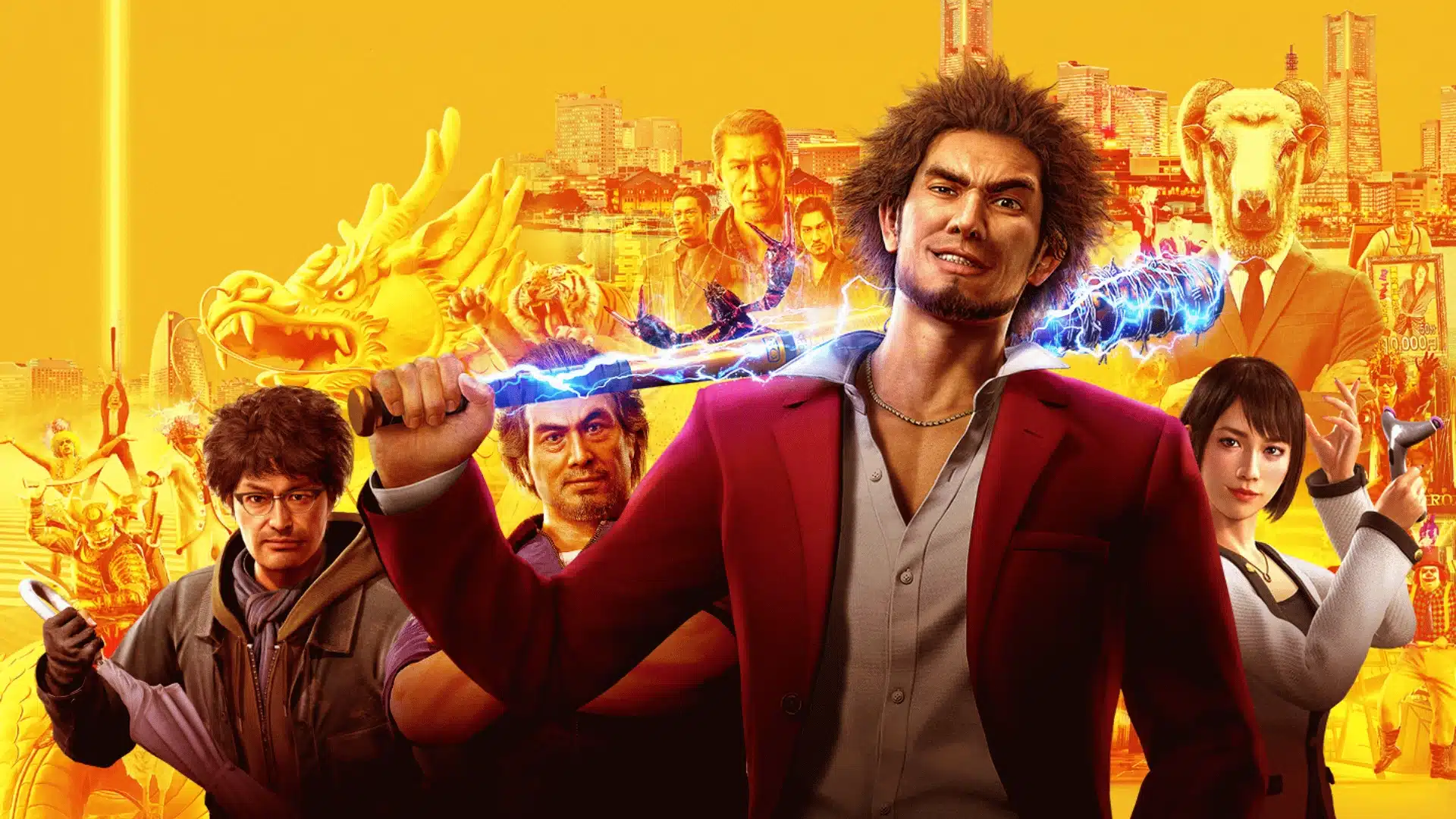Like a Dragon (2020) cover showing Ichiban Kasuga in a red suit holding a weapon with electric energy, set against a bright yellow city backdrop with supporting characters and stylized action elements.