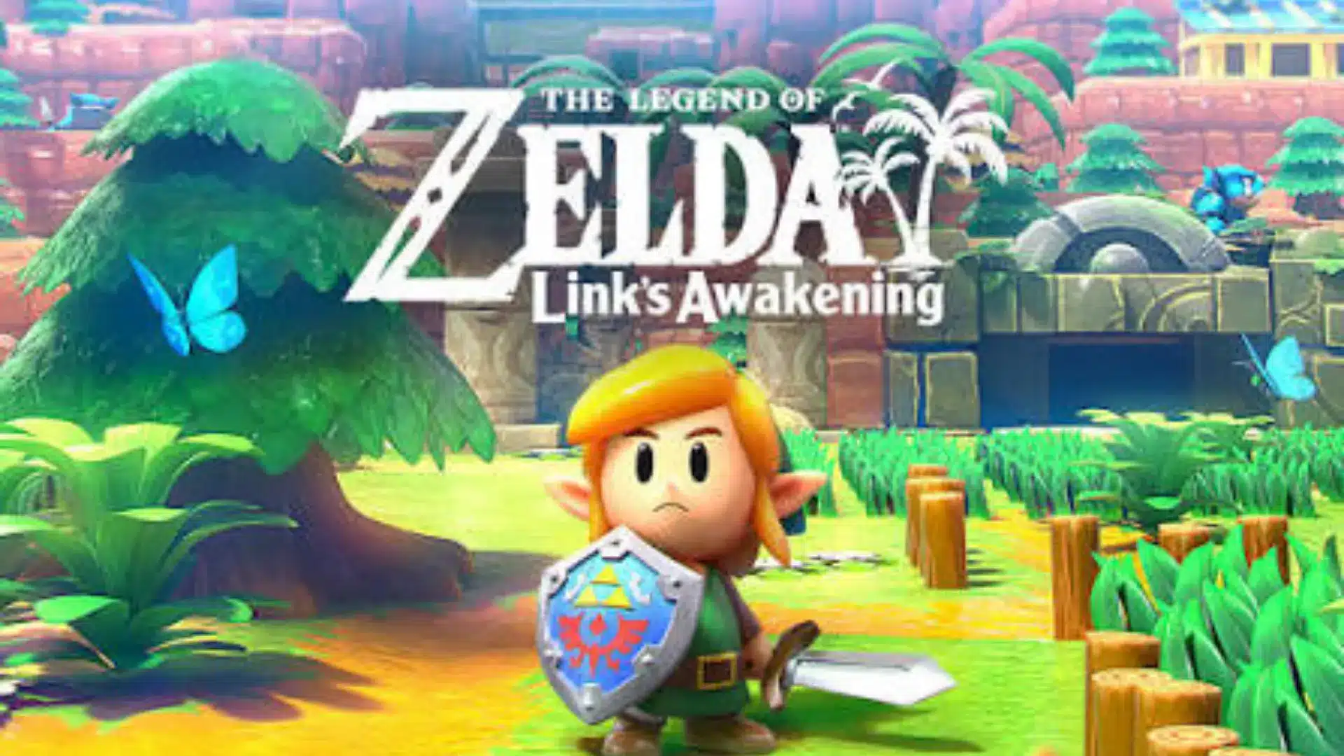 Link standing in colorful Zelda Link’s Awakening world with logo, grass, clouds, and enemies nearby.