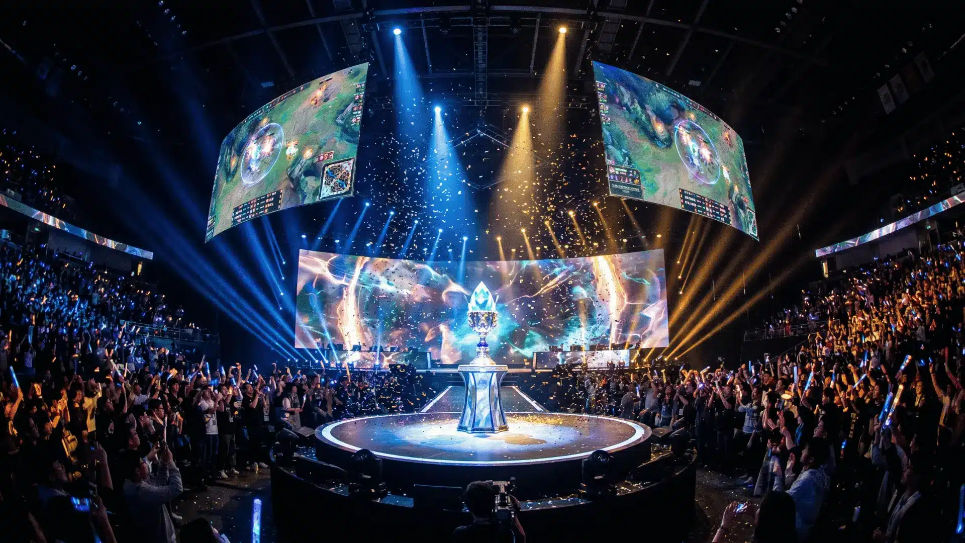 League of Legends Worlds championship stage with glowing trophy, packed arena crowd, and dramatic lighting.