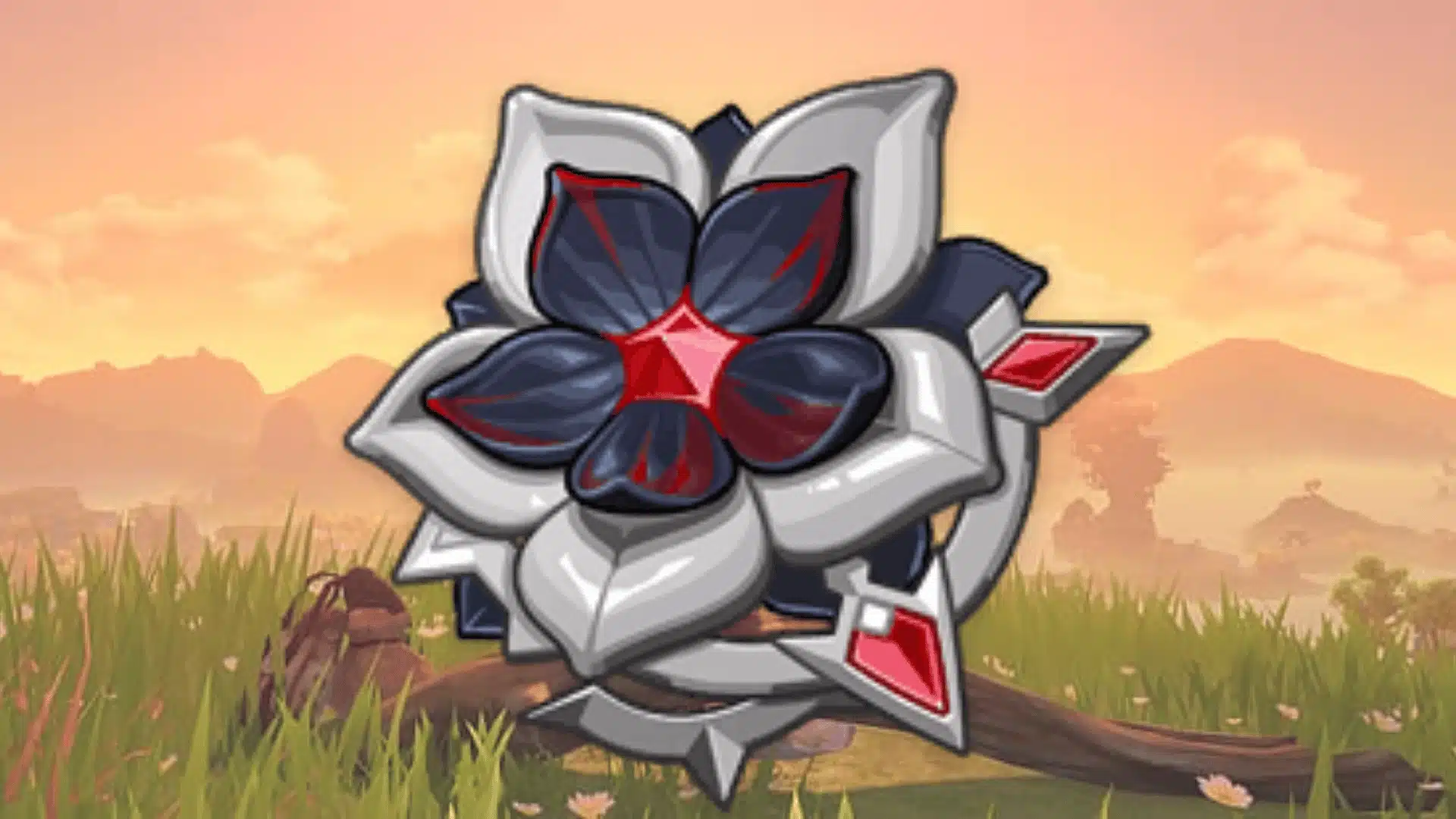 Long Night’s Oath artifact flower with dark blue petals, silver edges, and red gems over a sunset field.