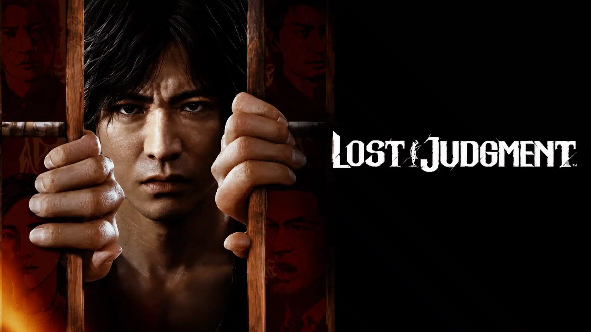 Lost Judgment cover showing a serious-faced man gripping prison bars, with a red-toned background and the game title displayed at the top.
