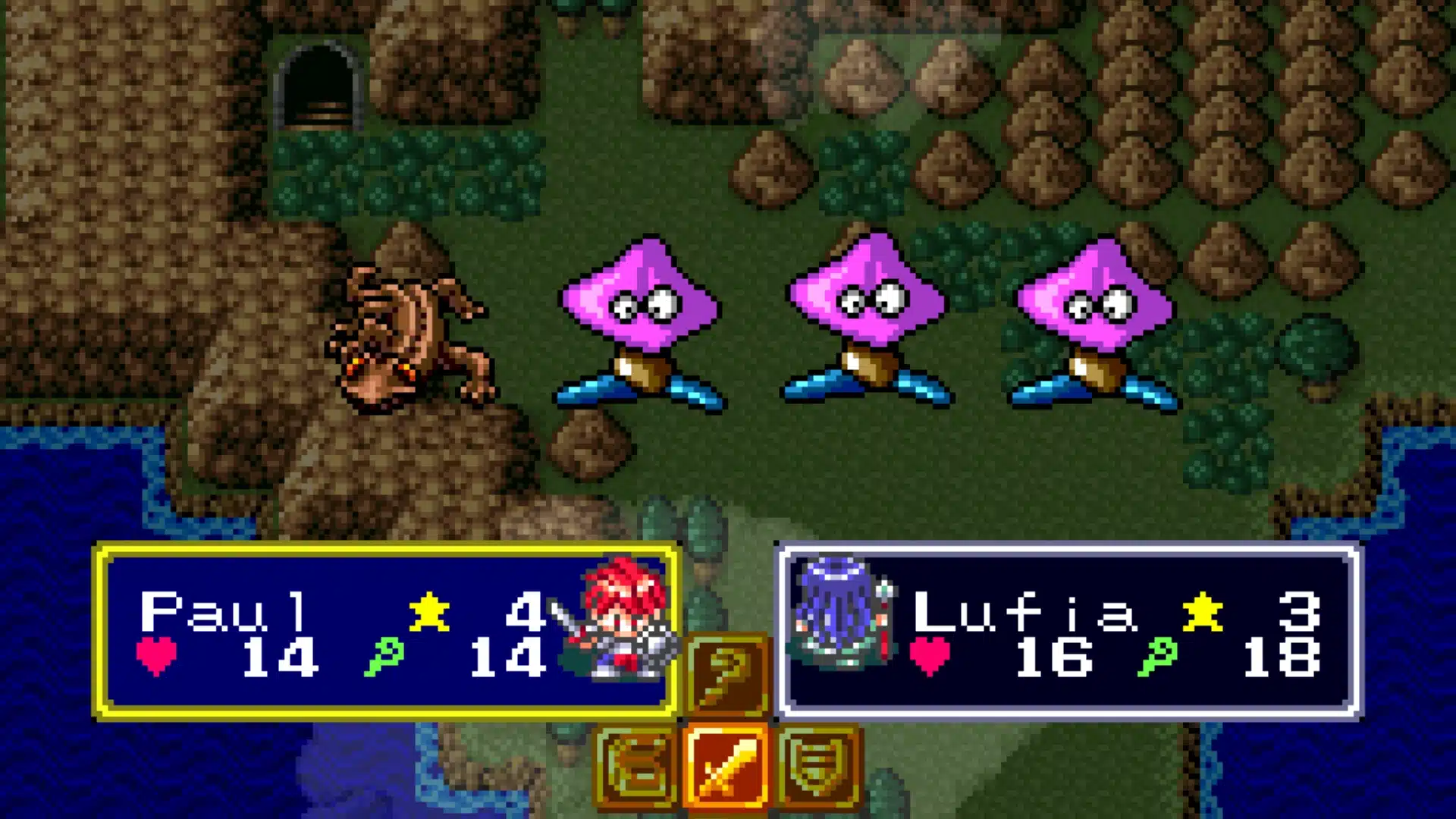 Lufia Fortress of Doom SNES battle screen with Paul and Lufia vs enemies