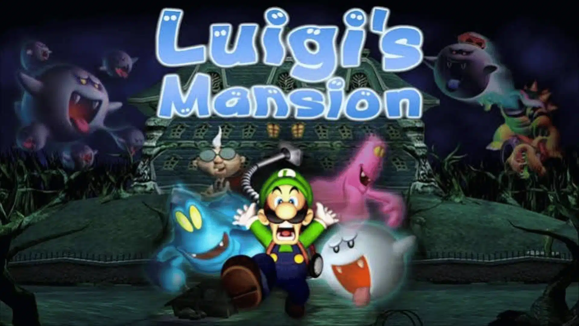 Luigi's Mansion artwork featuring Luigi fleeing ghosts outside a haunted mansion at night