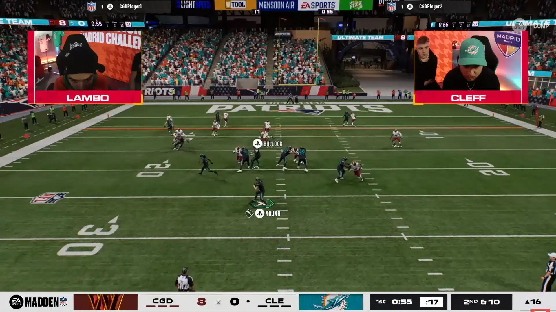 Livestream gameplay layout showing a Madden match between competitors Lambo and Cleff.