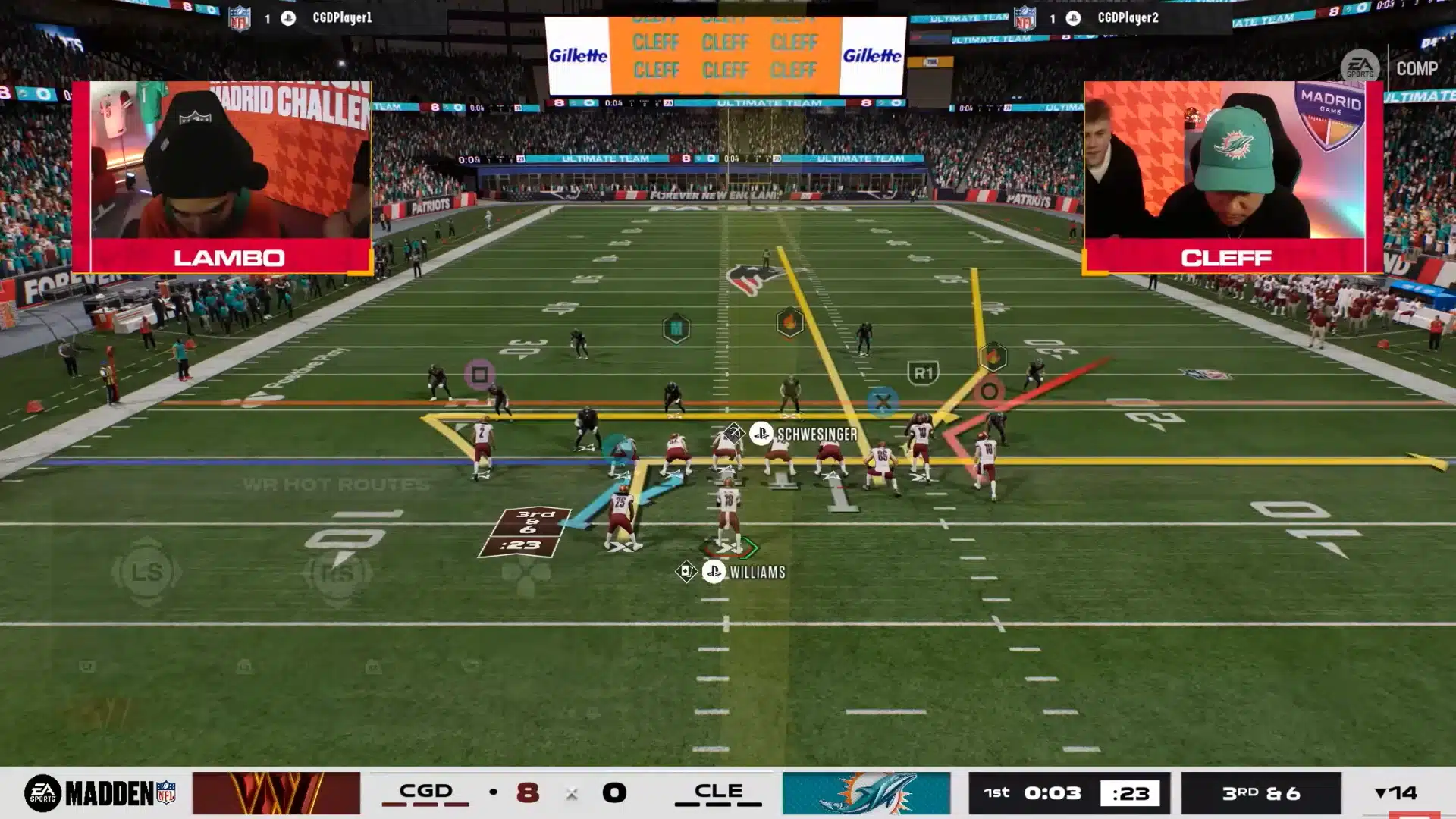 A Madden gameplay livestream screen displaying tactical playbook routes on the field.