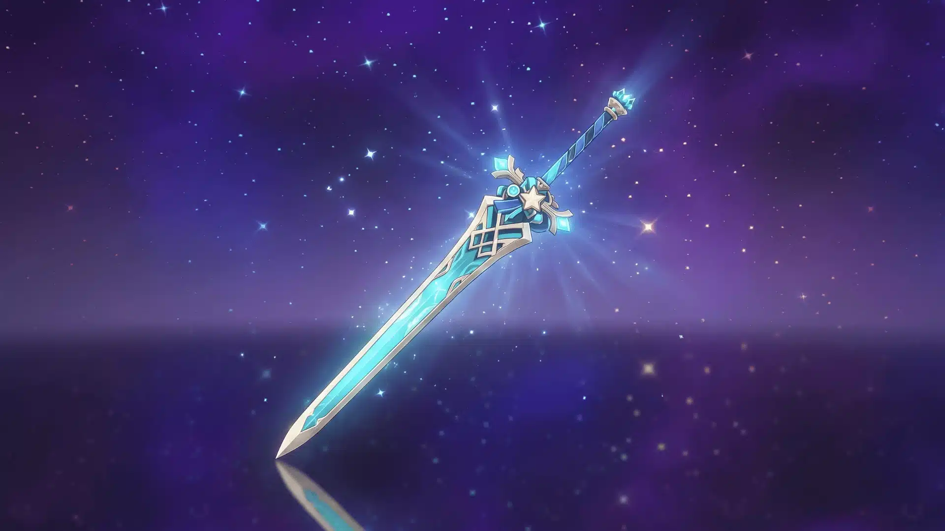 Teal and gold fantasy sword floating above reflective water beneath a purple starry sky.