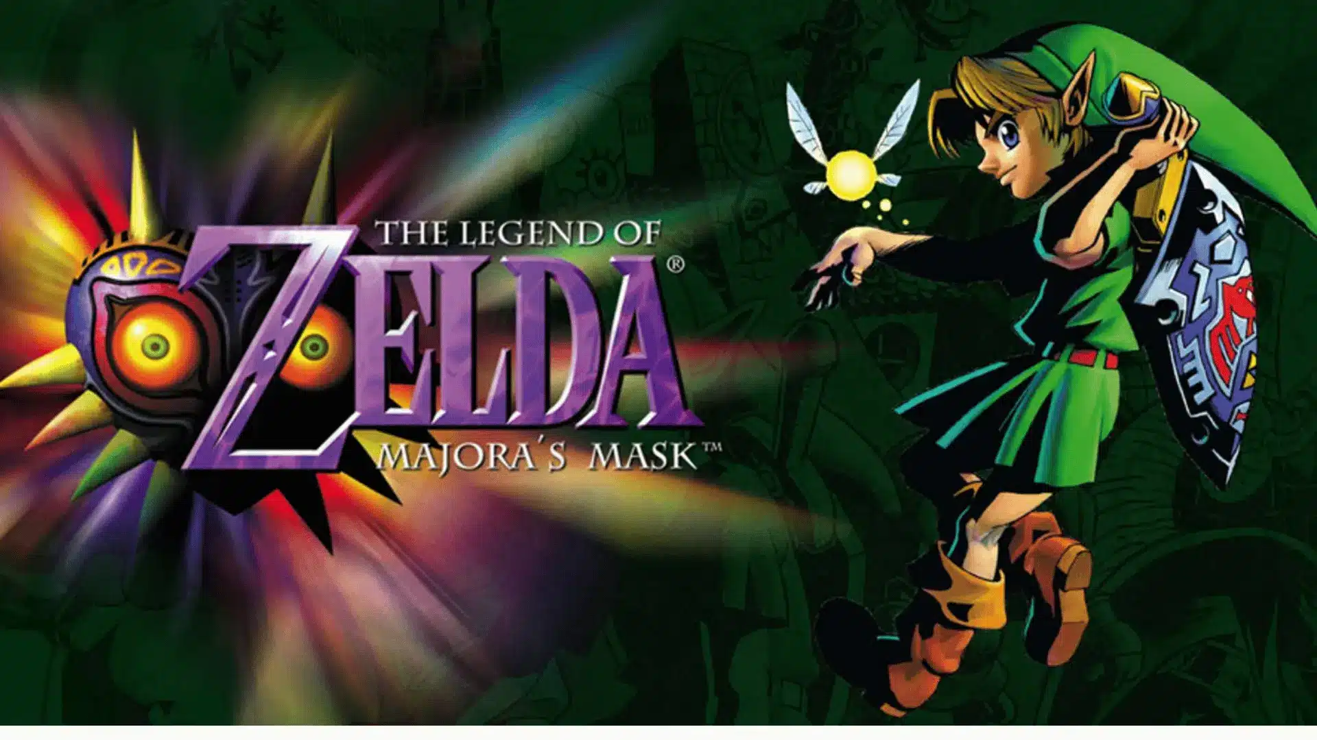Promotional artwork for The Legend of Zelda: Majora’s Mask, showing Link in motion on the right side with the game’s title and the eerie Majora’s Mask graphic on the left.