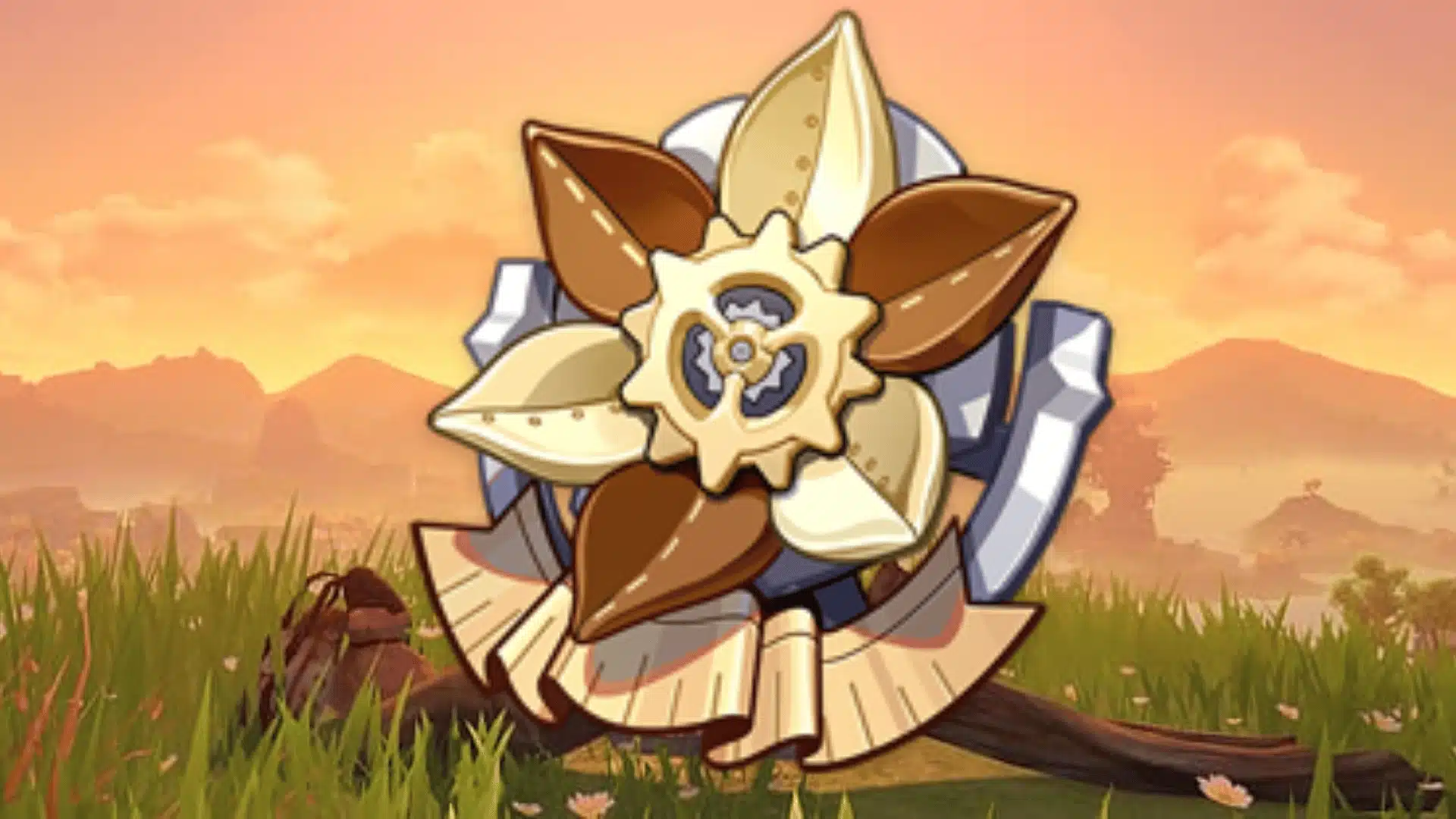 Marechaussee Hunter artifact flower with cream and brown petals and a gear-shaped center over a sunset field.
