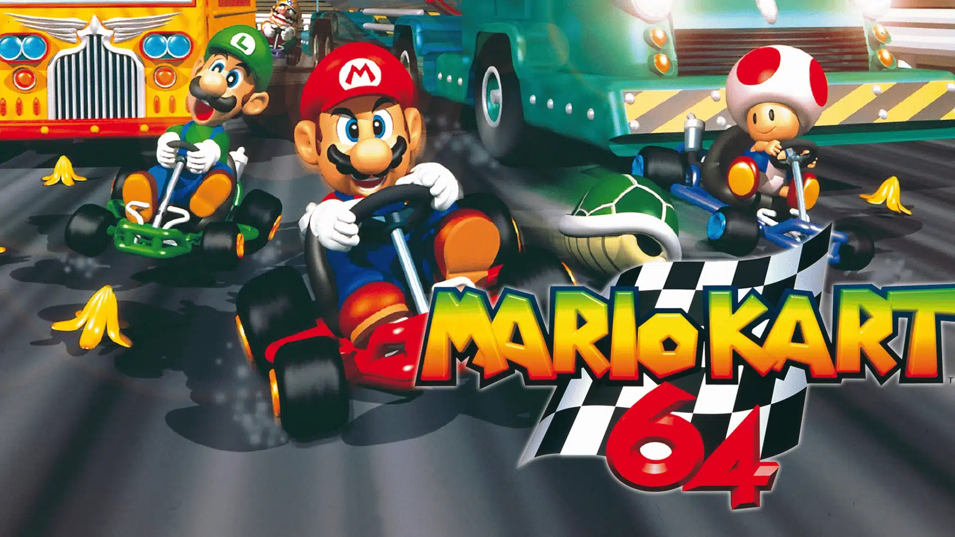 Mario Kart 64 artwork showing Mario, Luigi, Toad, karts, race track, and item hazards.