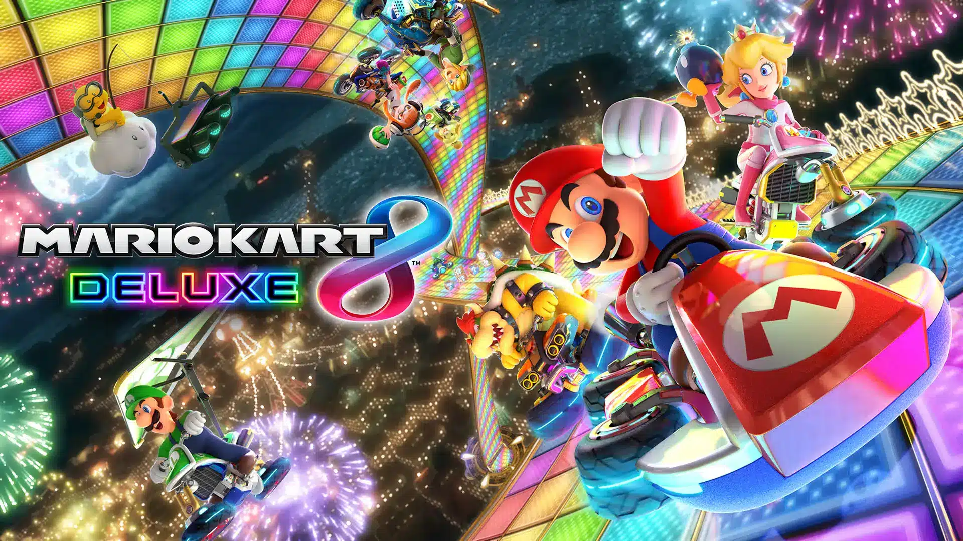 Mario Kart 8 Deluxe artwork showing Mario and other characters racing on colorful tracks with karts.
