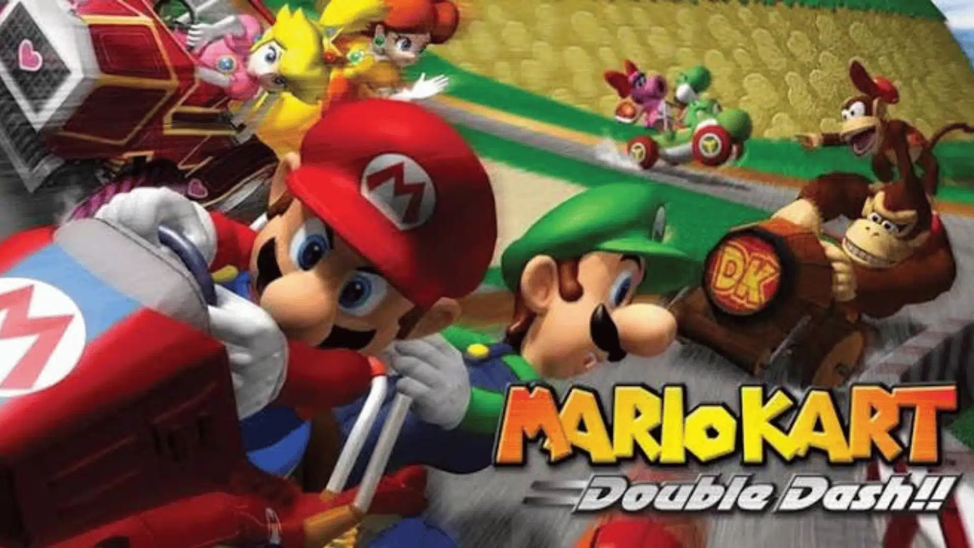 Mario Kart: Double Dash!! artwork showing Mario and Luigi racing while other Nintendo characters compete on the track
