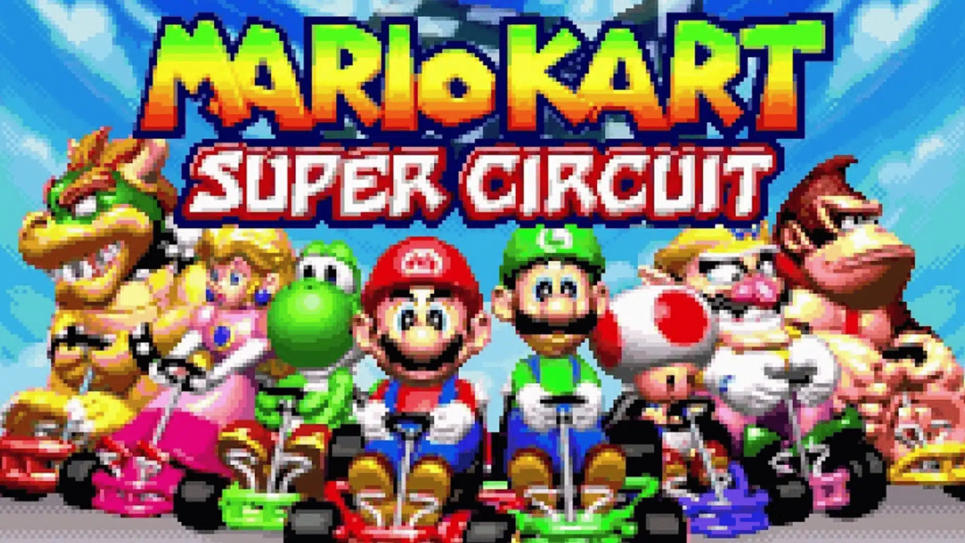 Eight racers including Mario, Luigi, Yoshi, Peach, and Bowser line up in karts beneath the Mario Kart: Super Circuit logo.