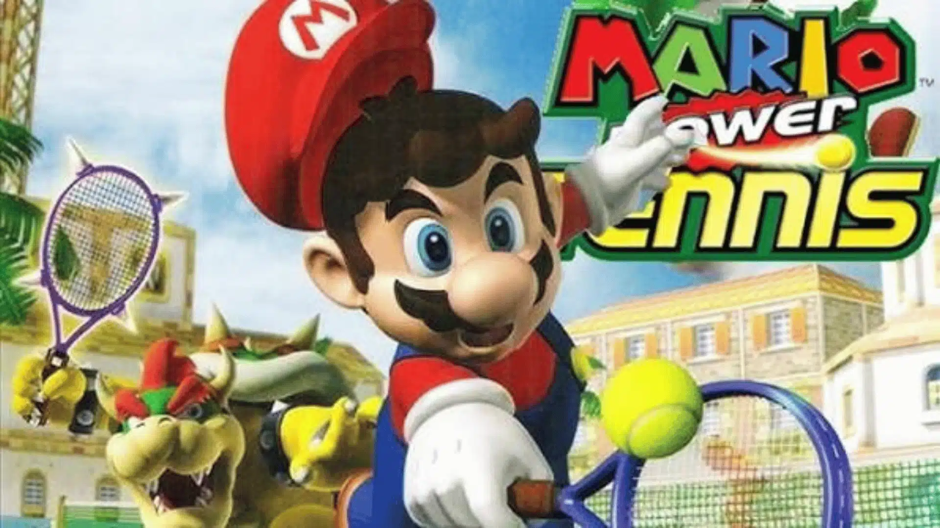Mario Power Tennis artwork featuring Mario returning a tennis shot with Bowser on a bright outdoor court