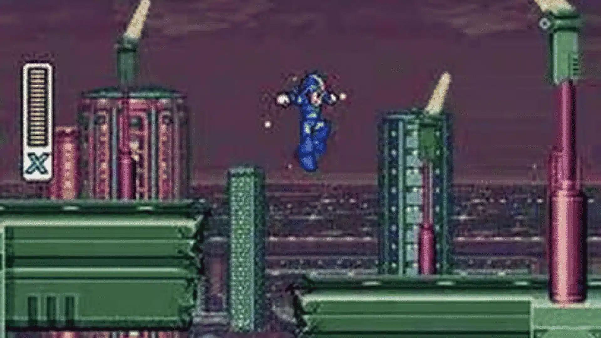 Mega Man X SNES gameplay with X jumping through industrial stage level