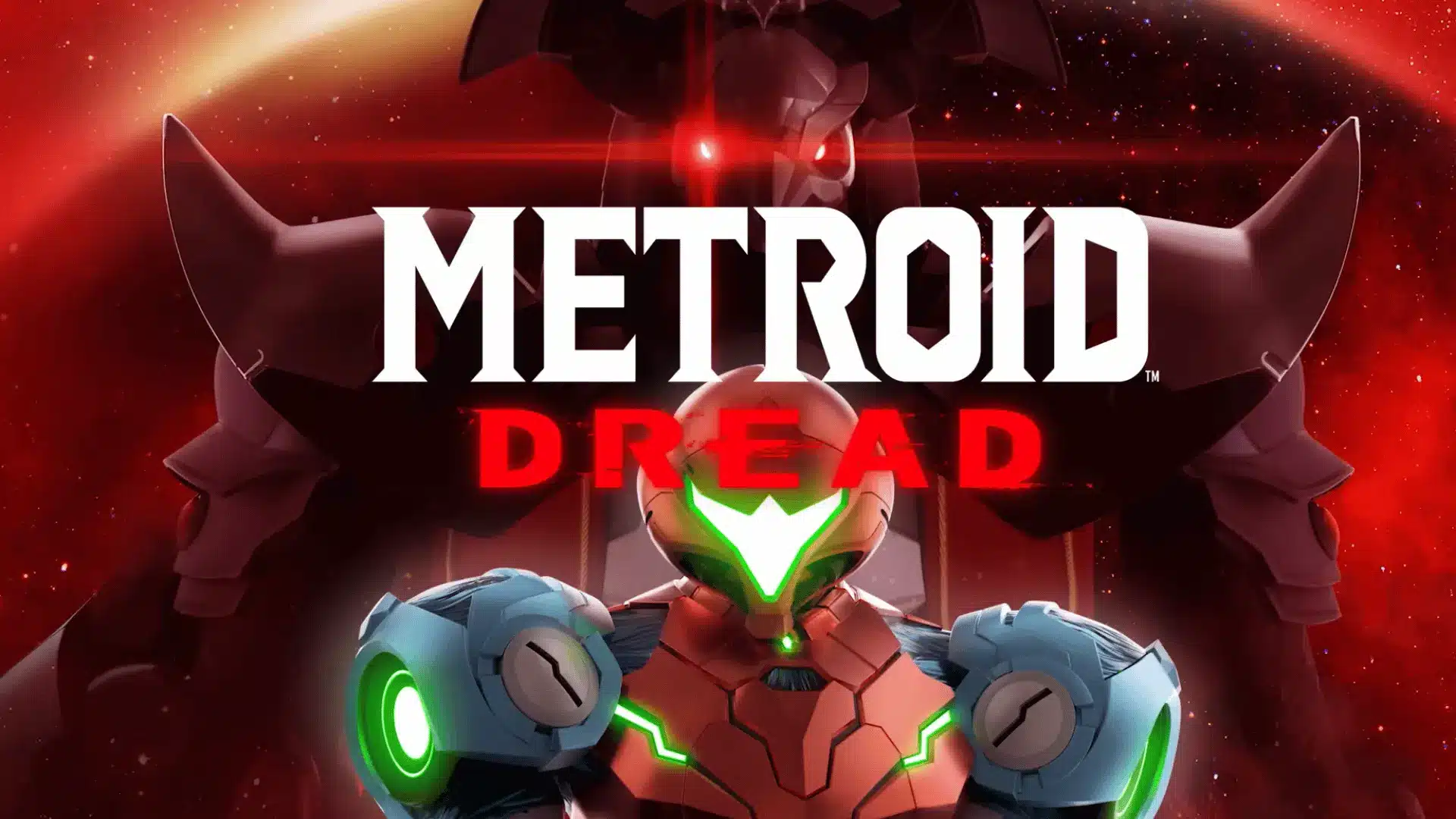 Metroid Dread artwork showing Samus in armor with a dark alien threat in a red space setting.