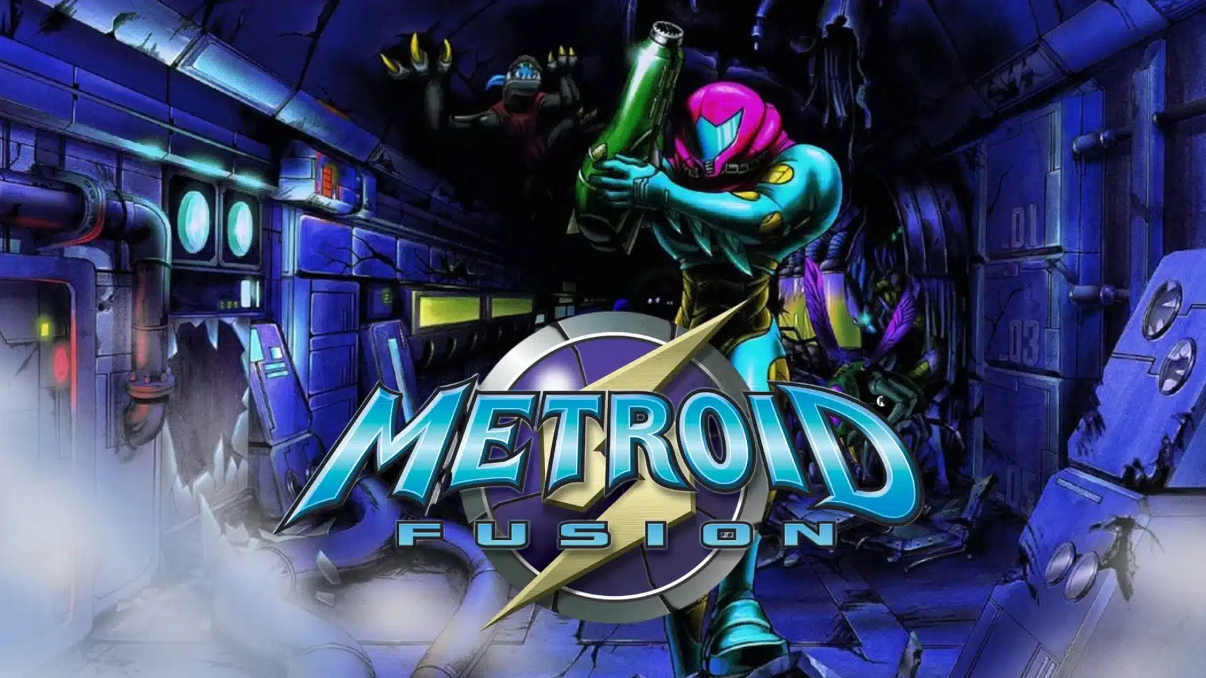 Samus in a blue Fusion suit aiming her arm cannon in a dark space station corridor, with Metroid Fusion title logo centered
