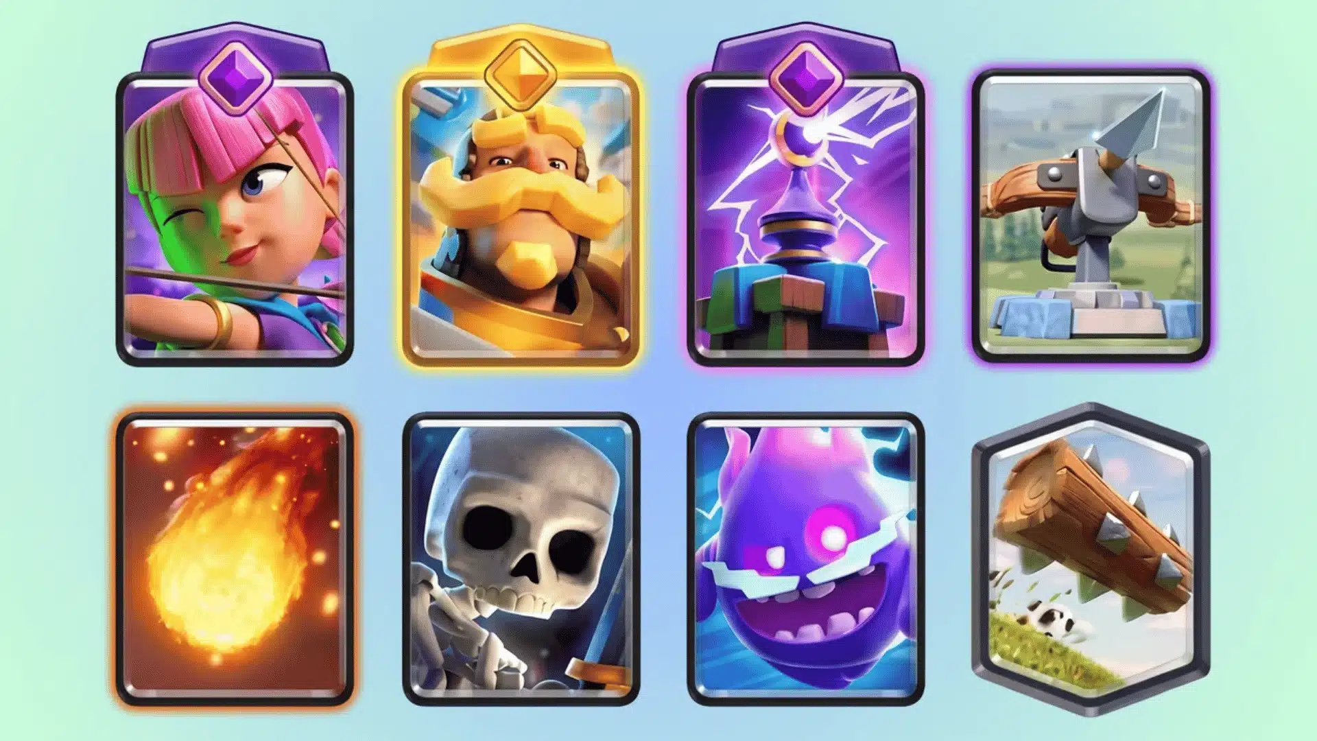 Clash Royale X-Bow deck showing evolved Archers, Hero Knight, Tesla, Fireball, and The Log.