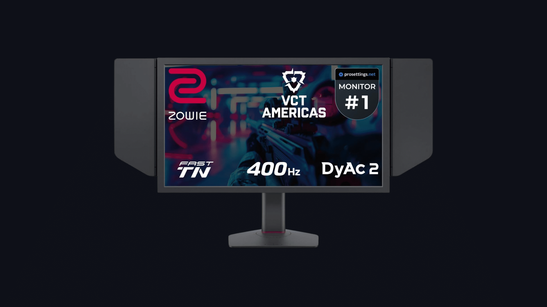 black gaming monitor with side panels displaying a vct americas esports screen