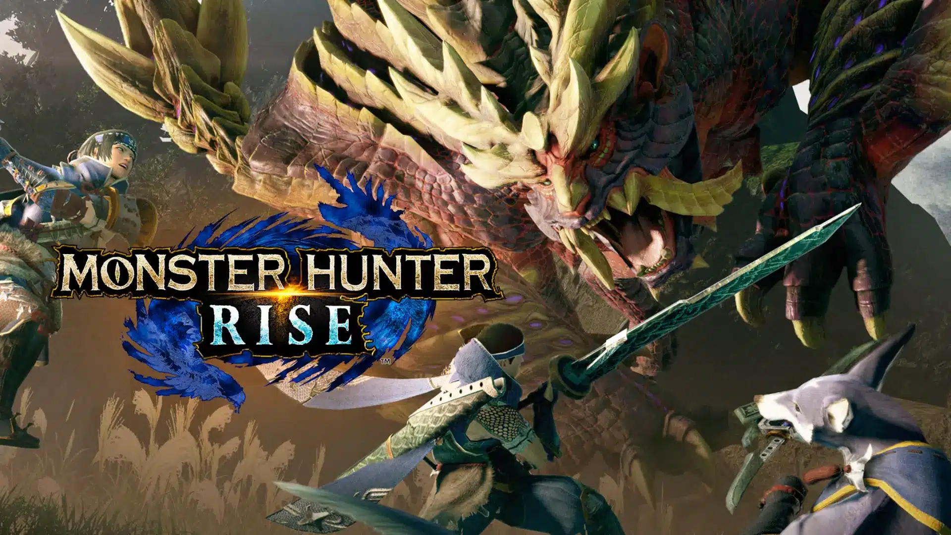 Monster Hunter Rise artwork showing hunters with weapons facing a large dragon monster