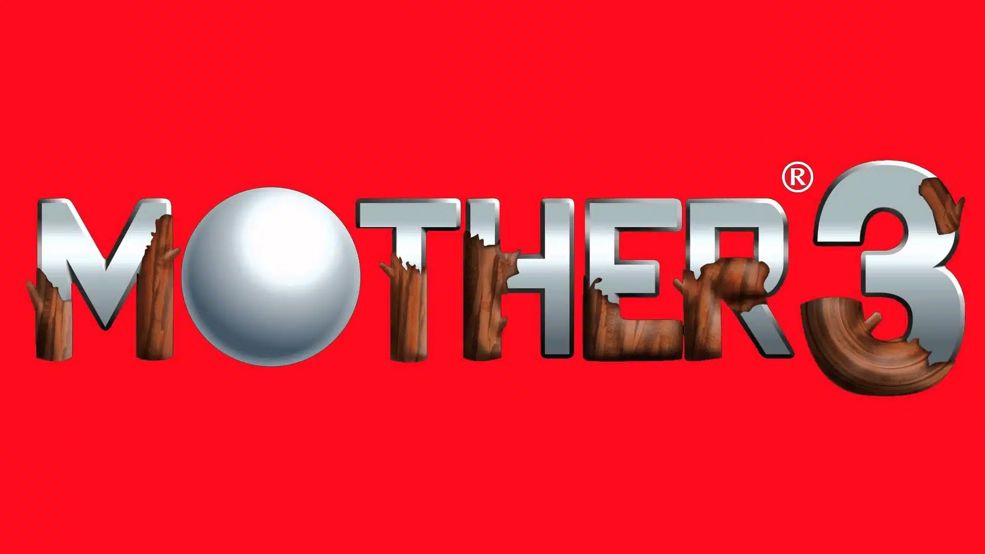 Mother 3 title logo with chrome metallic lettering and wood-grain texture on a bold red background.