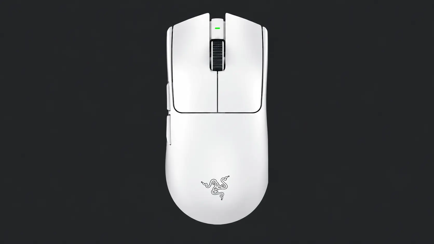 white wireless gaming mouse on a dark background with a top-down product view