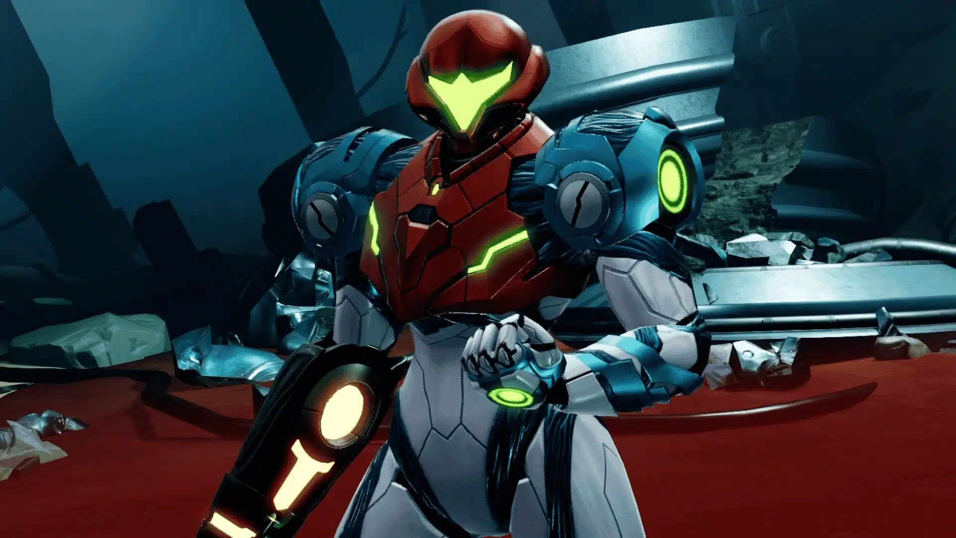 Samus performing a Speed Booster move in a mechanical facility, showcasing movement precision.