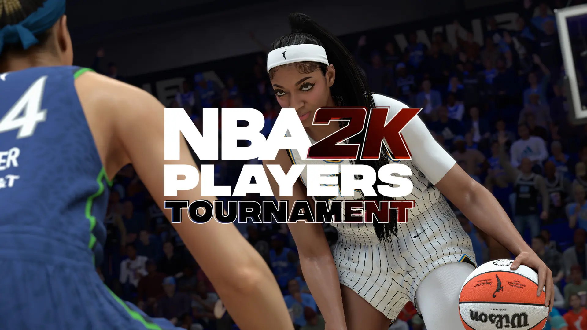 Basketball promotional artwork with central female player portrait wearing headband and crown, NBA 2K26 Season 7 city backdrop