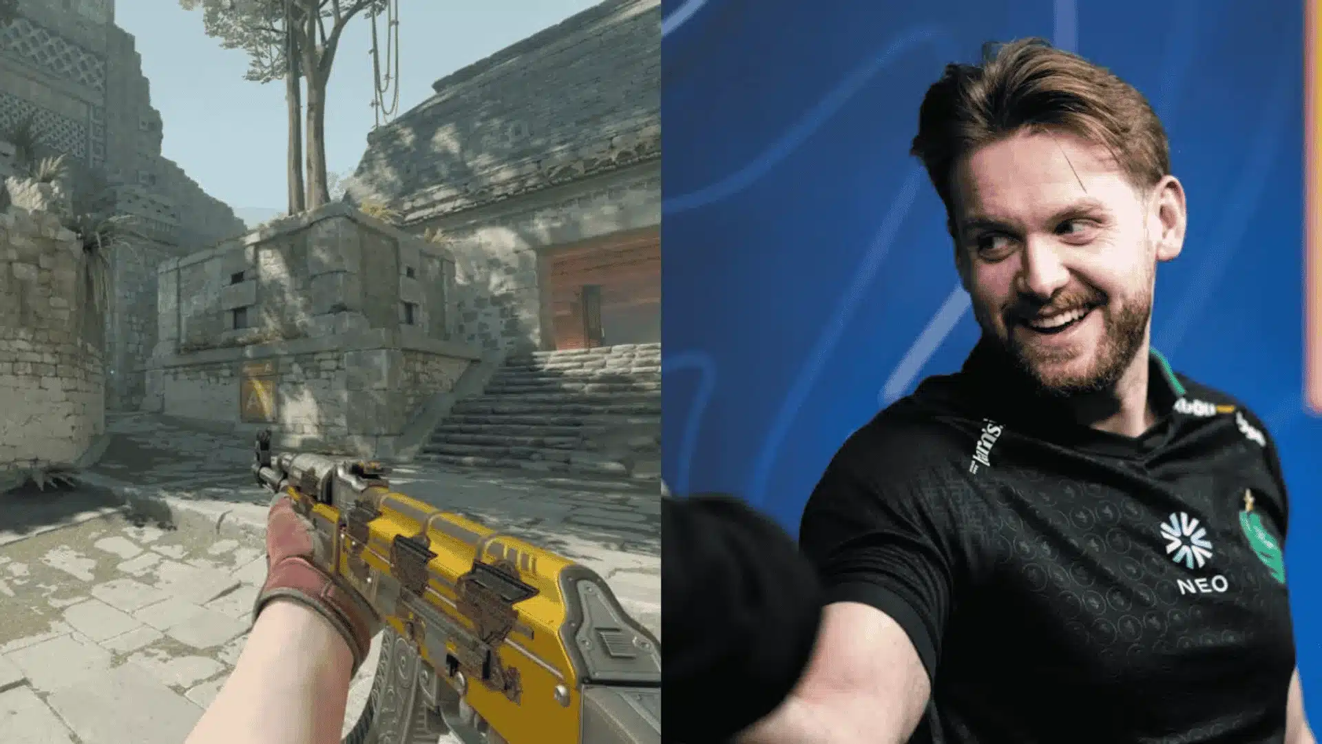 CS2 gameplay screenshot paired with a professional esports player NiKo.